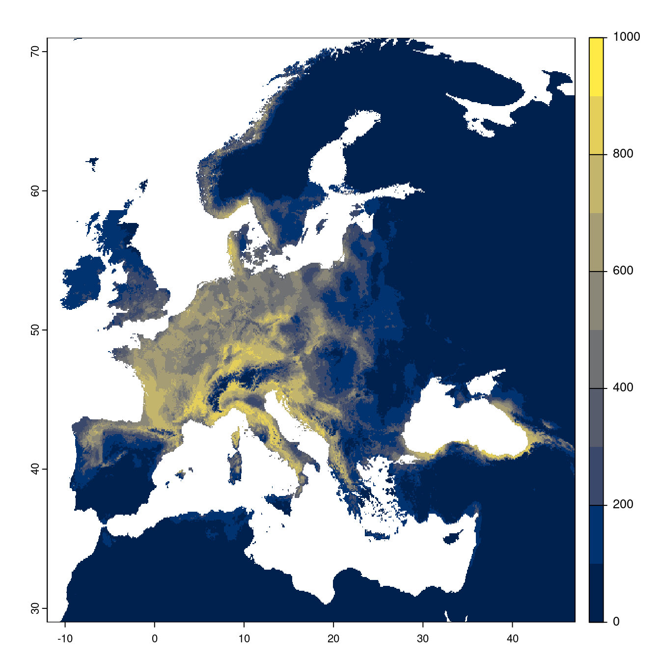 Projection des distributions potentielles futures jusqu'à l'horizon 2100 sous le scénario SSP3-7.0 (modèle d'ensemble).