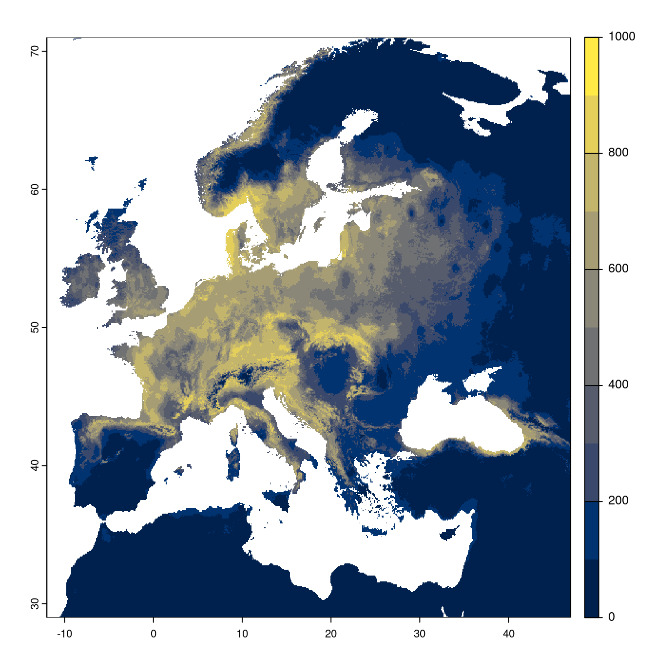 Projection des distributions potentielles futures jusqu'à l'horizon 2100 sous le scénario SSP3-7.0 (modèle d'ensemble).