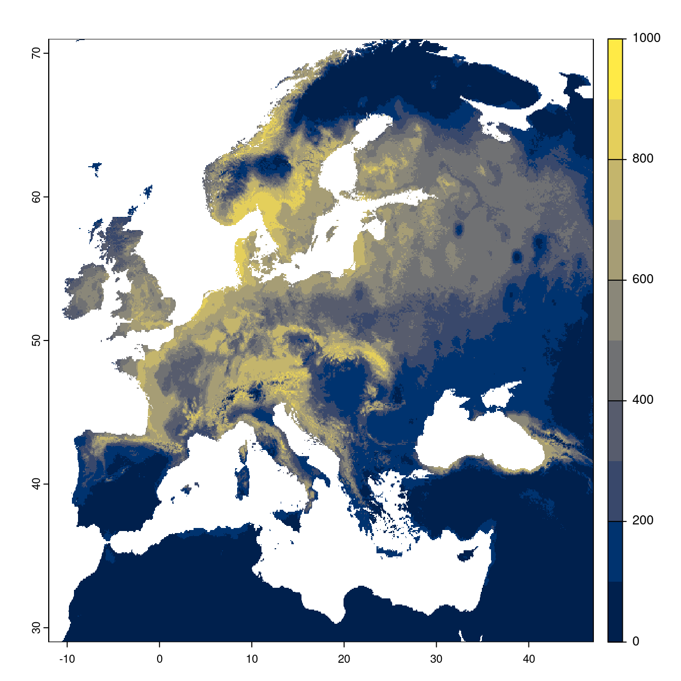 Projection des distributions potentielles futures jusqu'à l'horizon 2100 sous le scénario SSP3-7.0 (modèle d'ensemble).