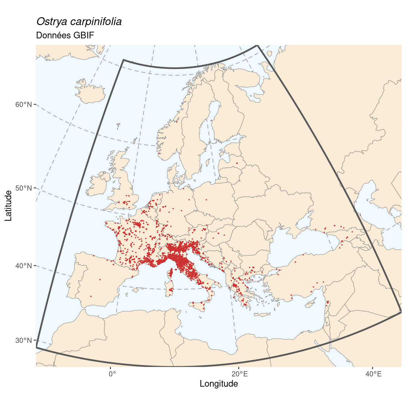 Occurrence de Ostrya carpinifolia dans la région d'endémisme.