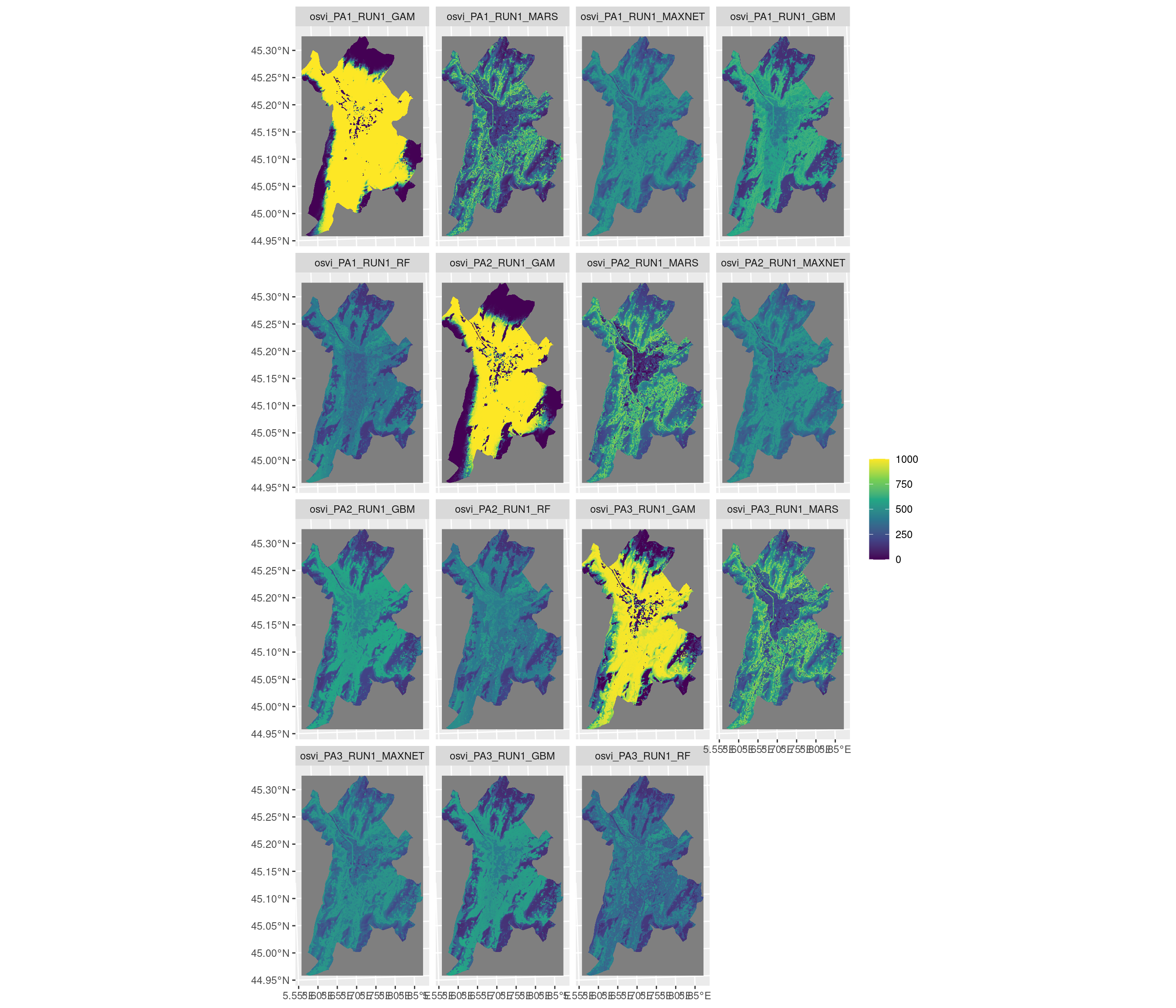 Projection de la distribution potentielle contemporaine sur la métropole de Grenoble, selon les 6 algorithmes et les 3 runs.