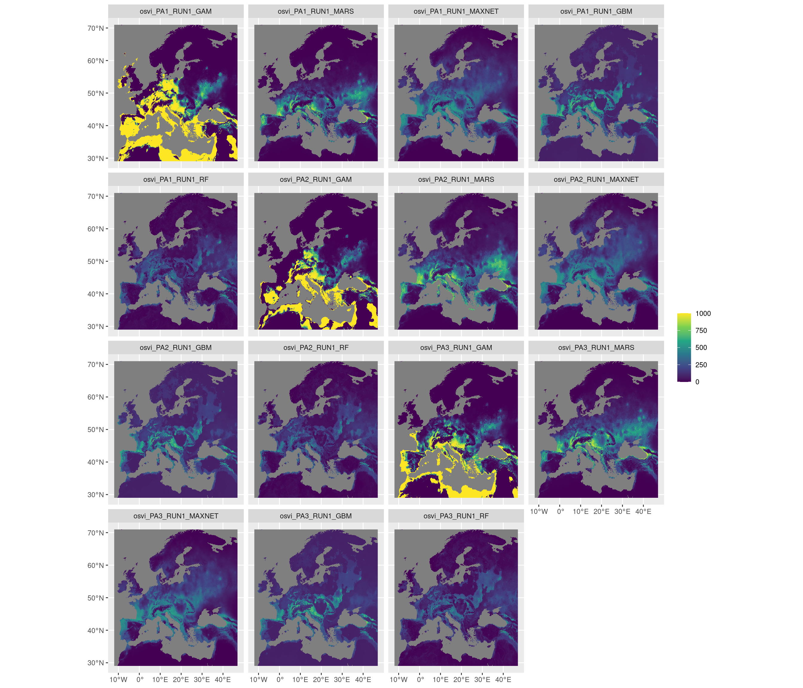Projection de la distribution potentielle contemporaine sur l'Europe, selon les 6 algorithmes et les 3 runs.