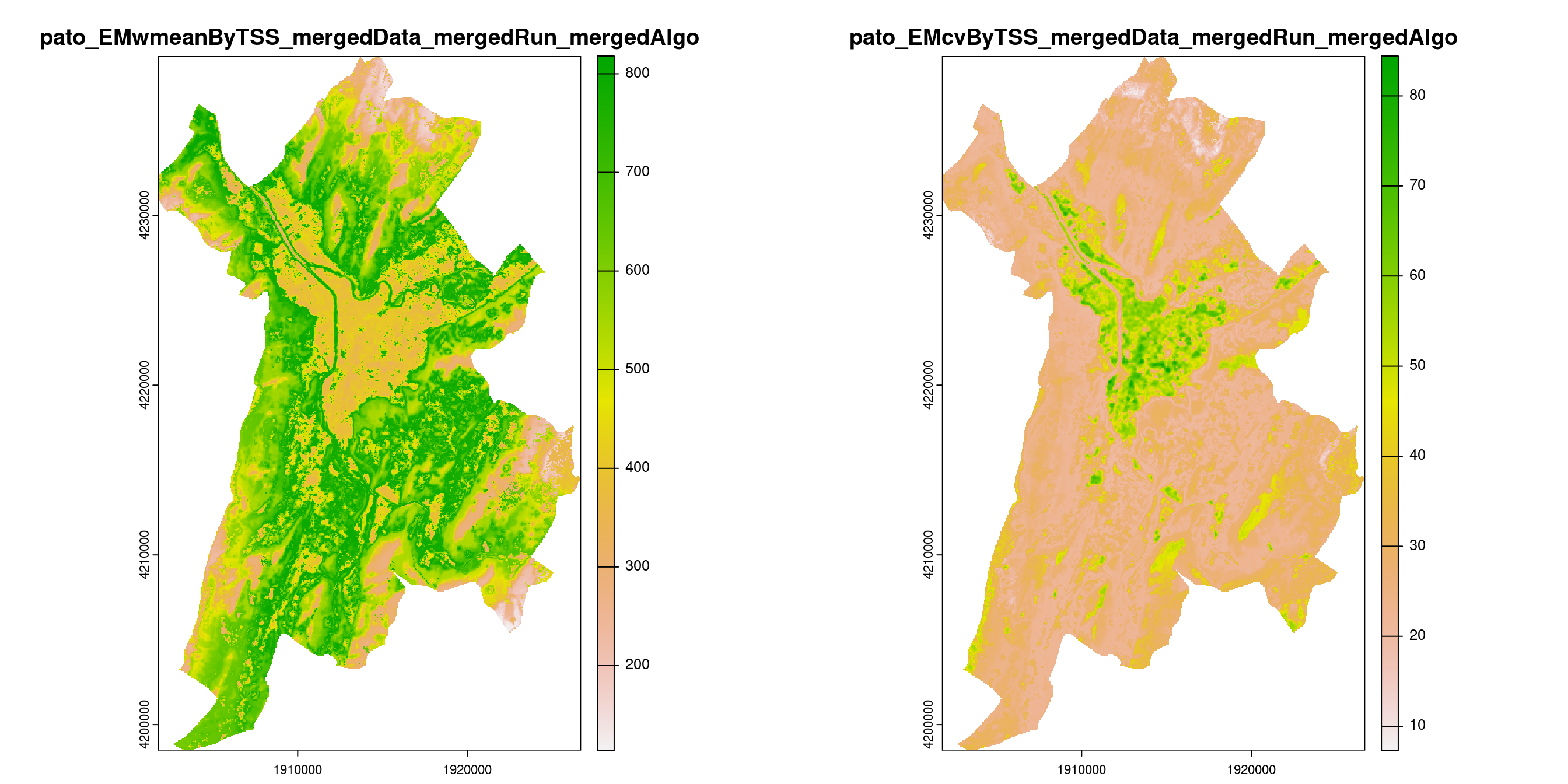 A) Projection de la distribution potentielle contemporaine (modèle d'ensemble) sur la métropole de Grenoble ; B) Incertitude associée à la projection.