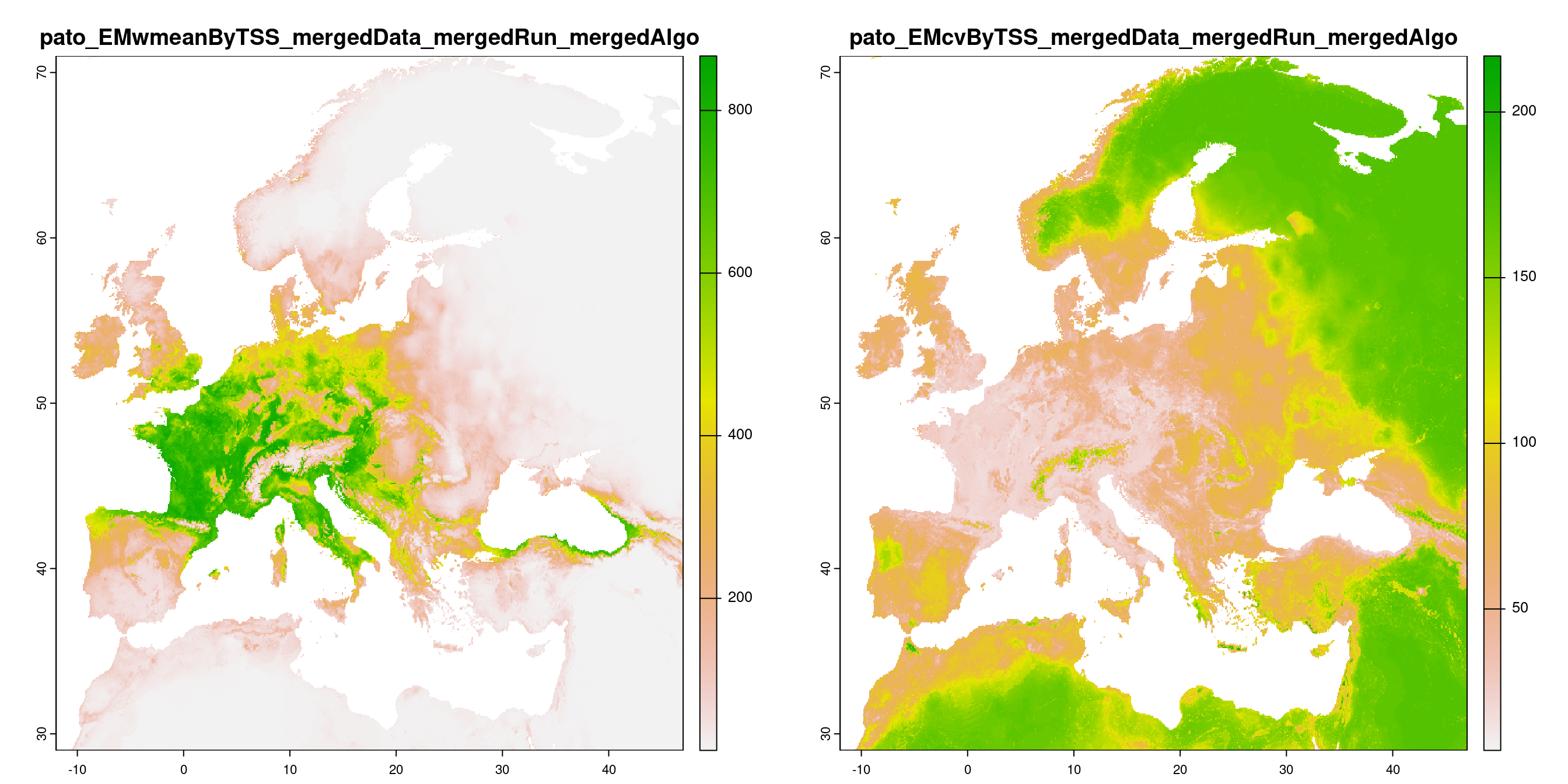 A) Projection de la distribution potentielle contemporaine (modèle d'ensemble) ; B) Incertitude associée à la projection.