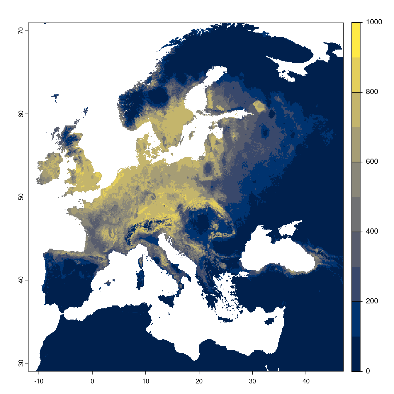 Projection des distributions potentielles futures jusqu'à l'horizon 2100 sous le scénario SSP2-4.5 (modèle d'ensemble).