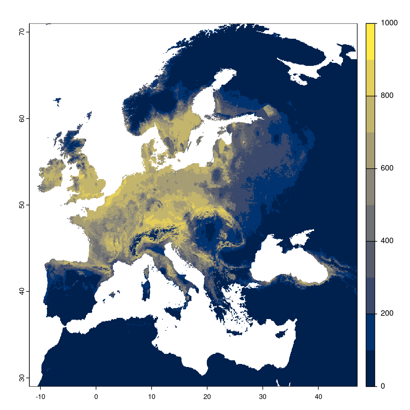 Projection des distributions potentielles futures jusqu'à l'horizon 2100 sous le scénario SSP5-8.5 (modèle d'ensemble).
