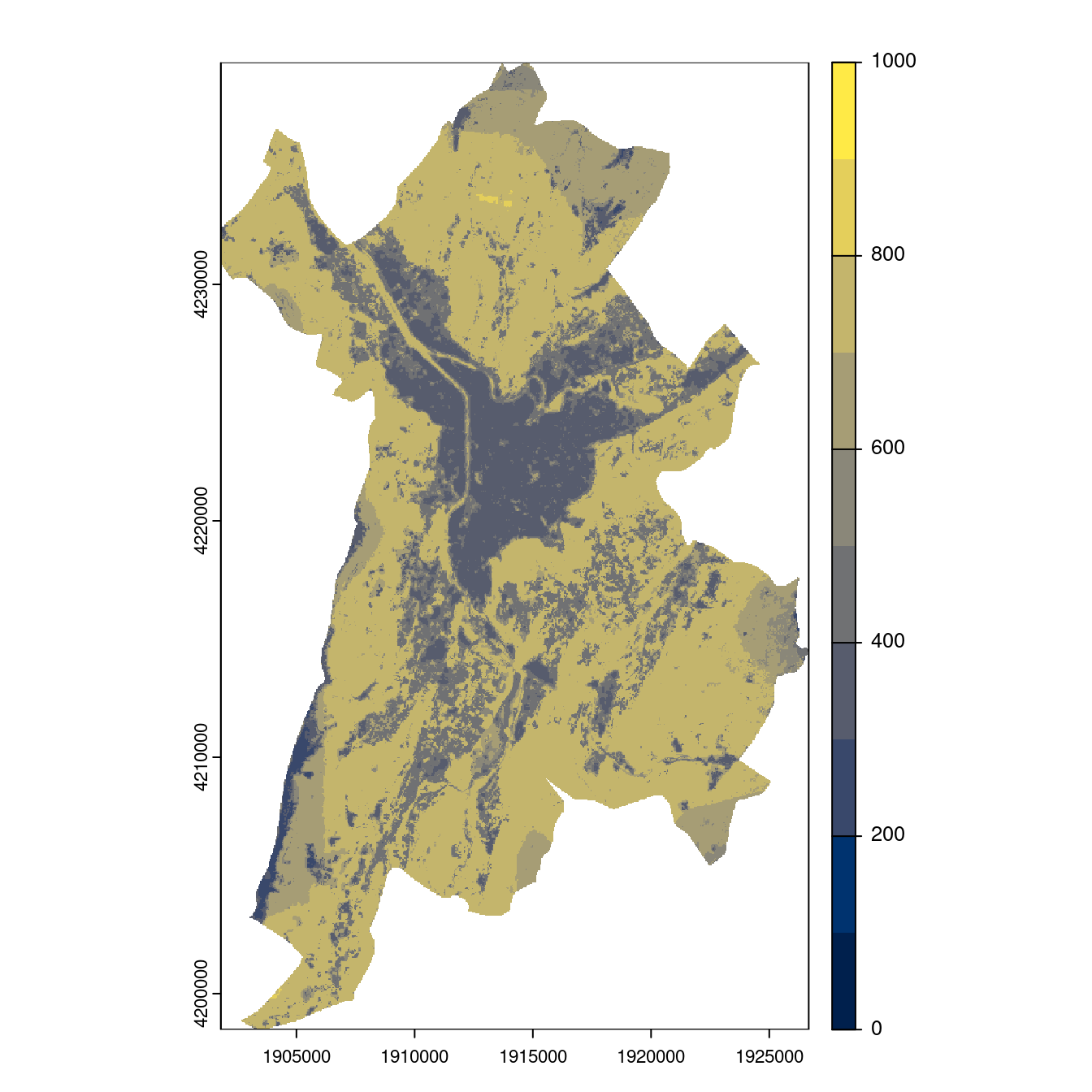 Projection des distributions potentielles contemporaine et futures jusqu'à l'horizon 2100 sous le scénario SSP5-8.5 (modèle d'ensemble, GCM IPSL).
