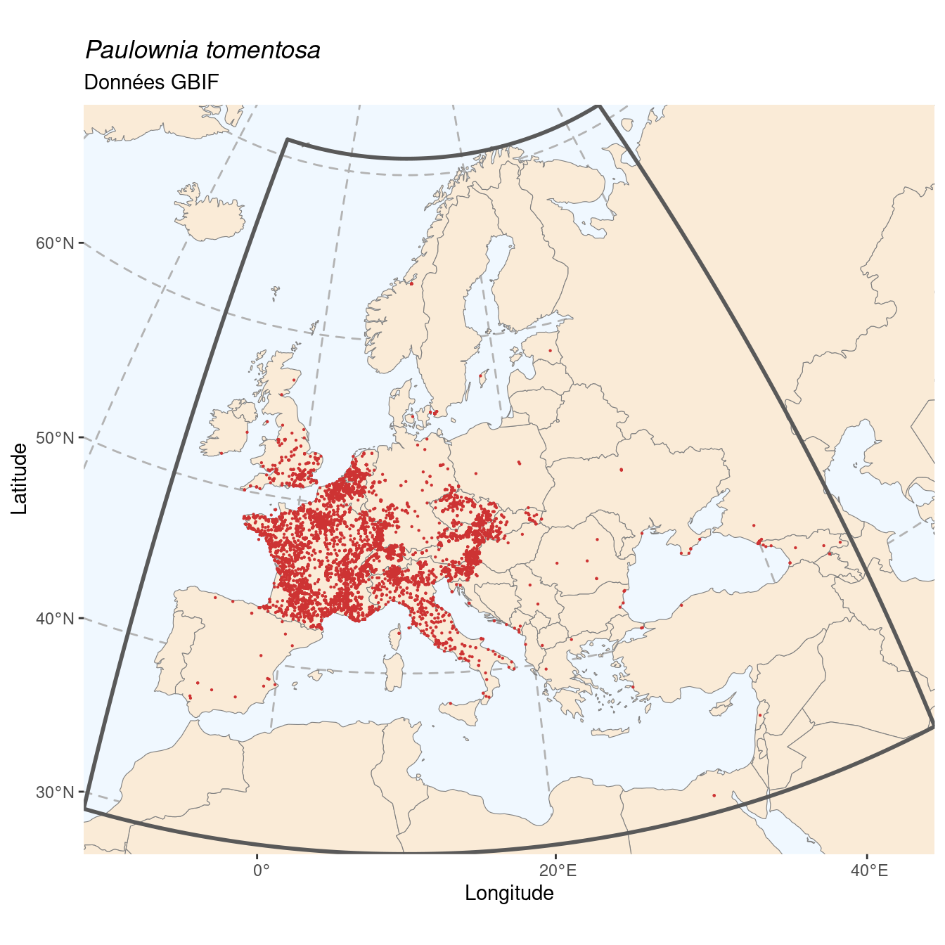 Occurrence de Paulownia tomentosa dans la région d'endémisme.