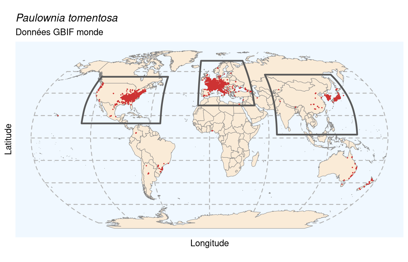 Occurrences de Paulownia tomentosa dans le monde.