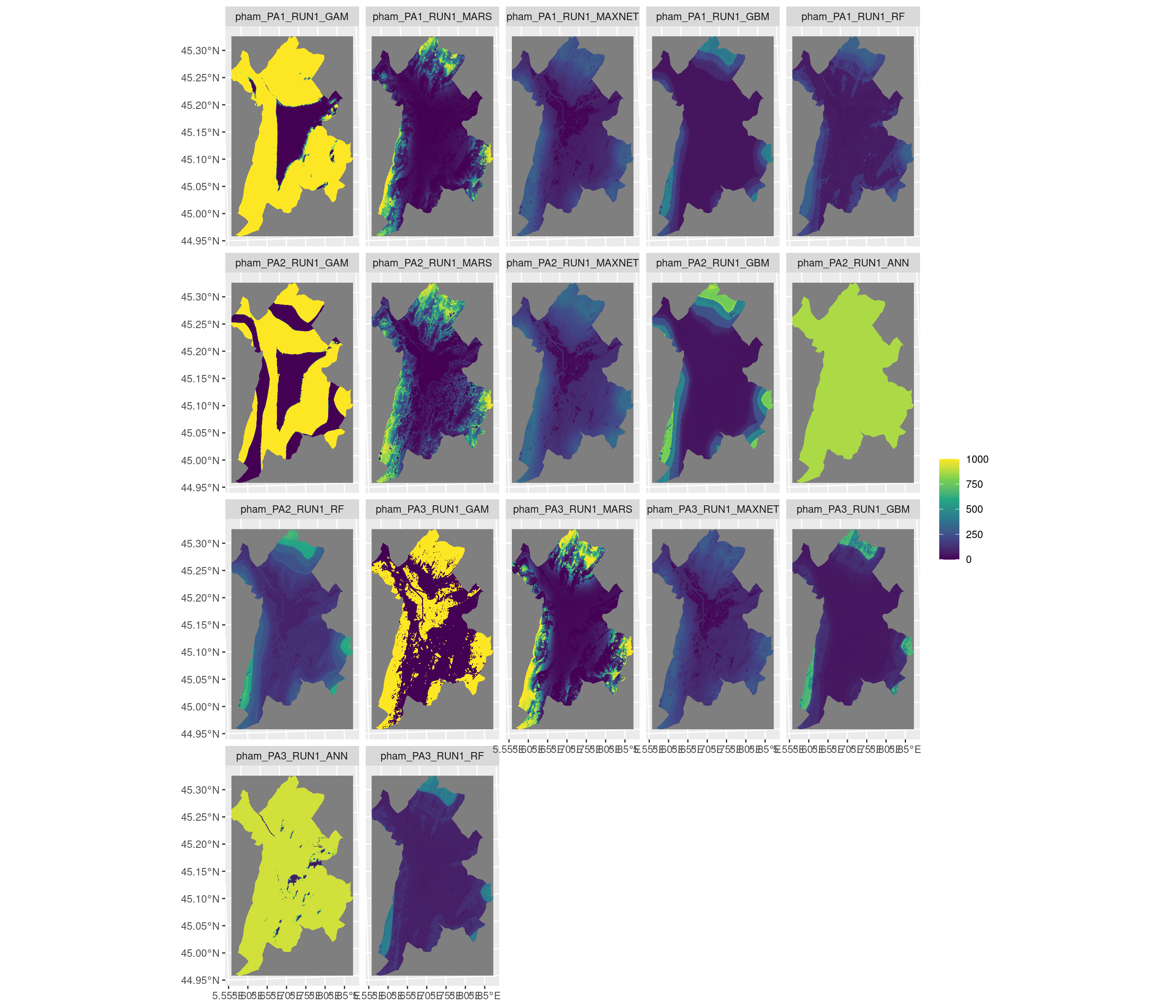 Projection de la distribution potentielle contemporaine sur la métropole de Grenoble, selon les 6 algorithmes et les 3 runs.