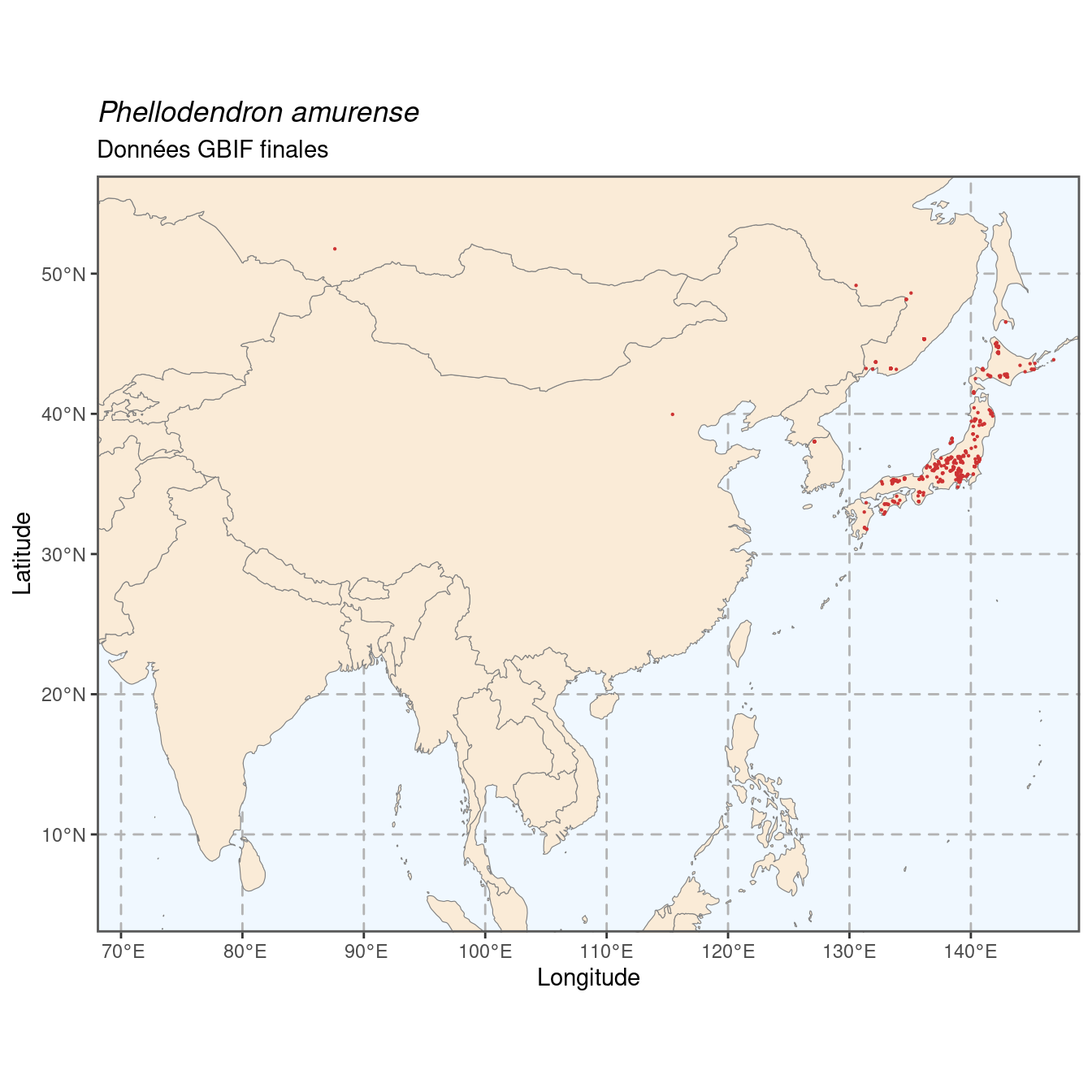 Occurrence de Phellodendron amurense dans la région d'endémisme après sous-échantillonnage éventuel.