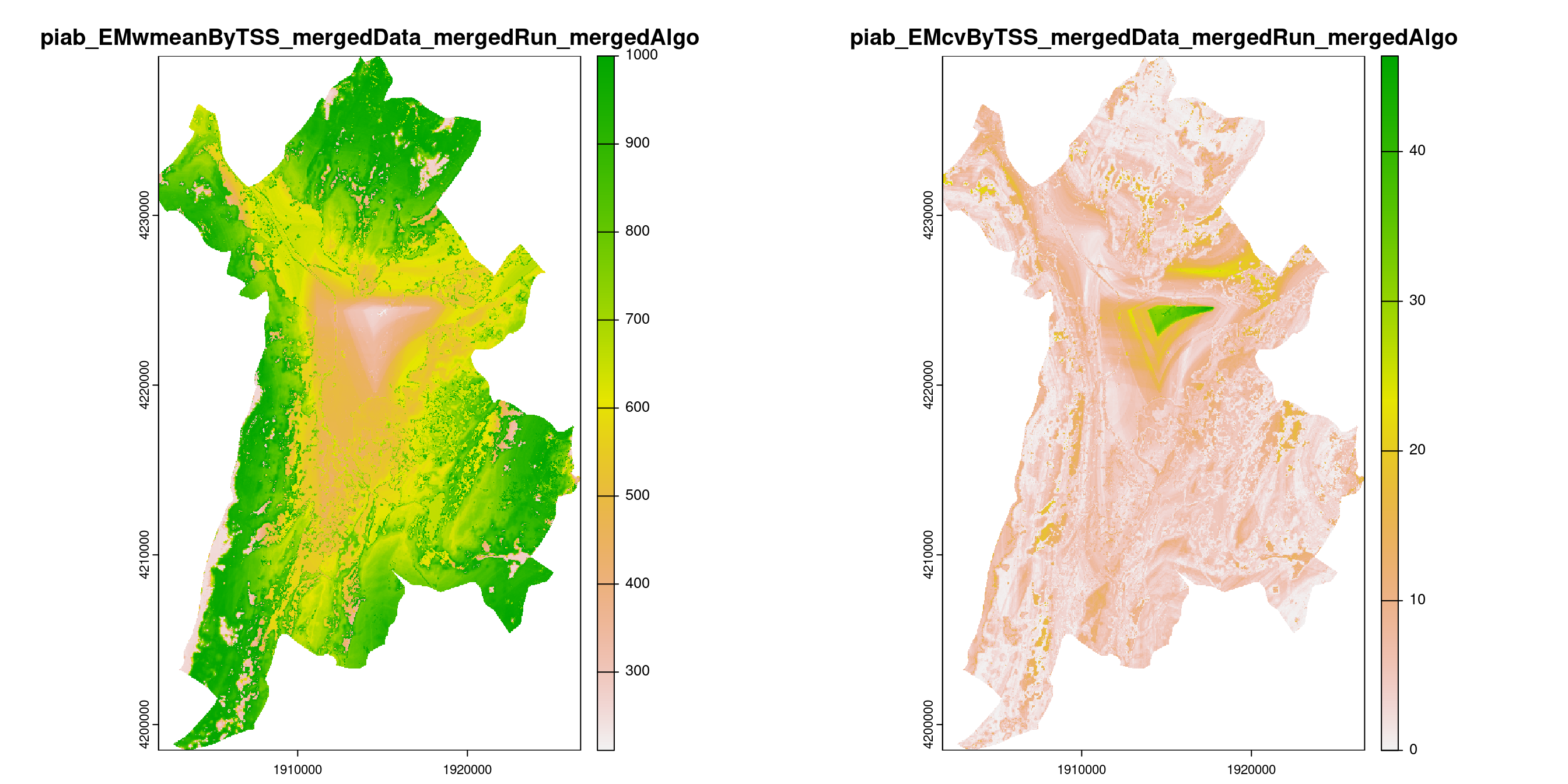 A) Projection de la distribution potentielle contemporaine (modèle d'ensemble) sur la métropole de Grenoble ; B) Incertitude associée à la projection.