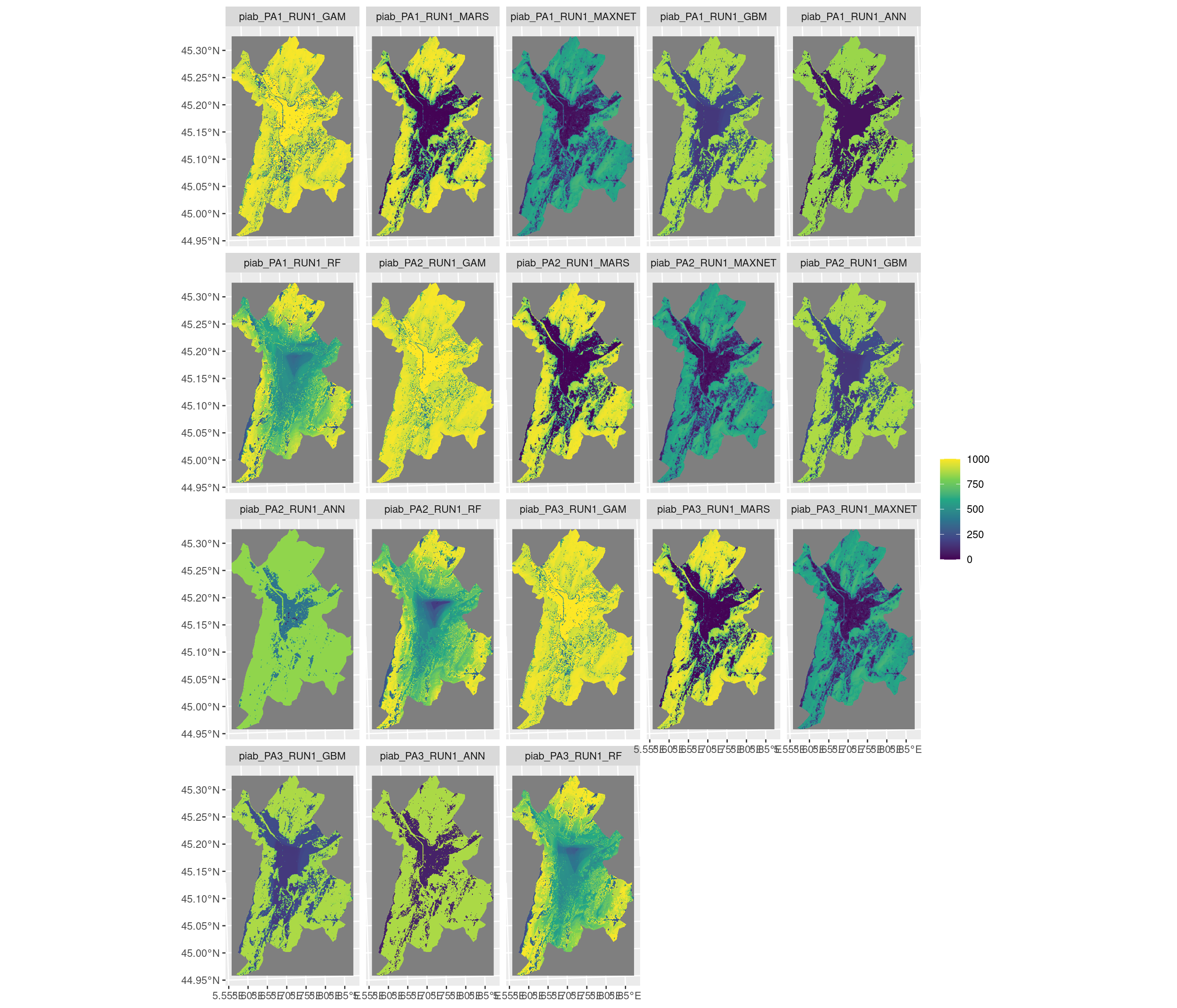Projection de la distribution potentielle contemporaine sur la métropole de Grenoble, selon les 6 algorithmes et les 3 runs.