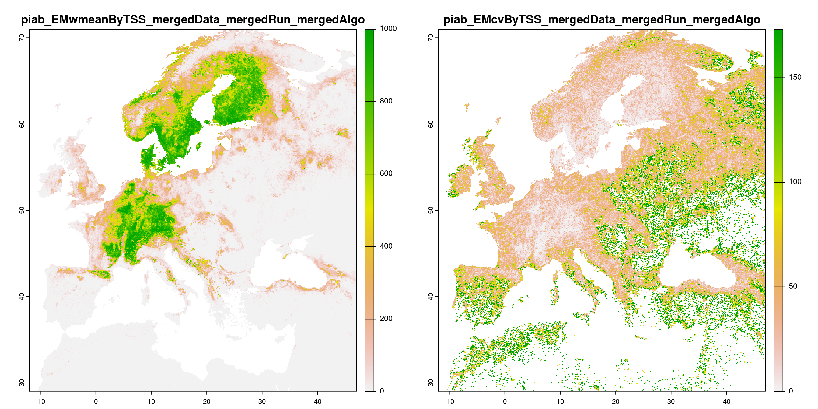 A) Projection de la distribution potentielle contemporaine (modèle d'ensemble) ; B) Incertitude associée à la projection.
