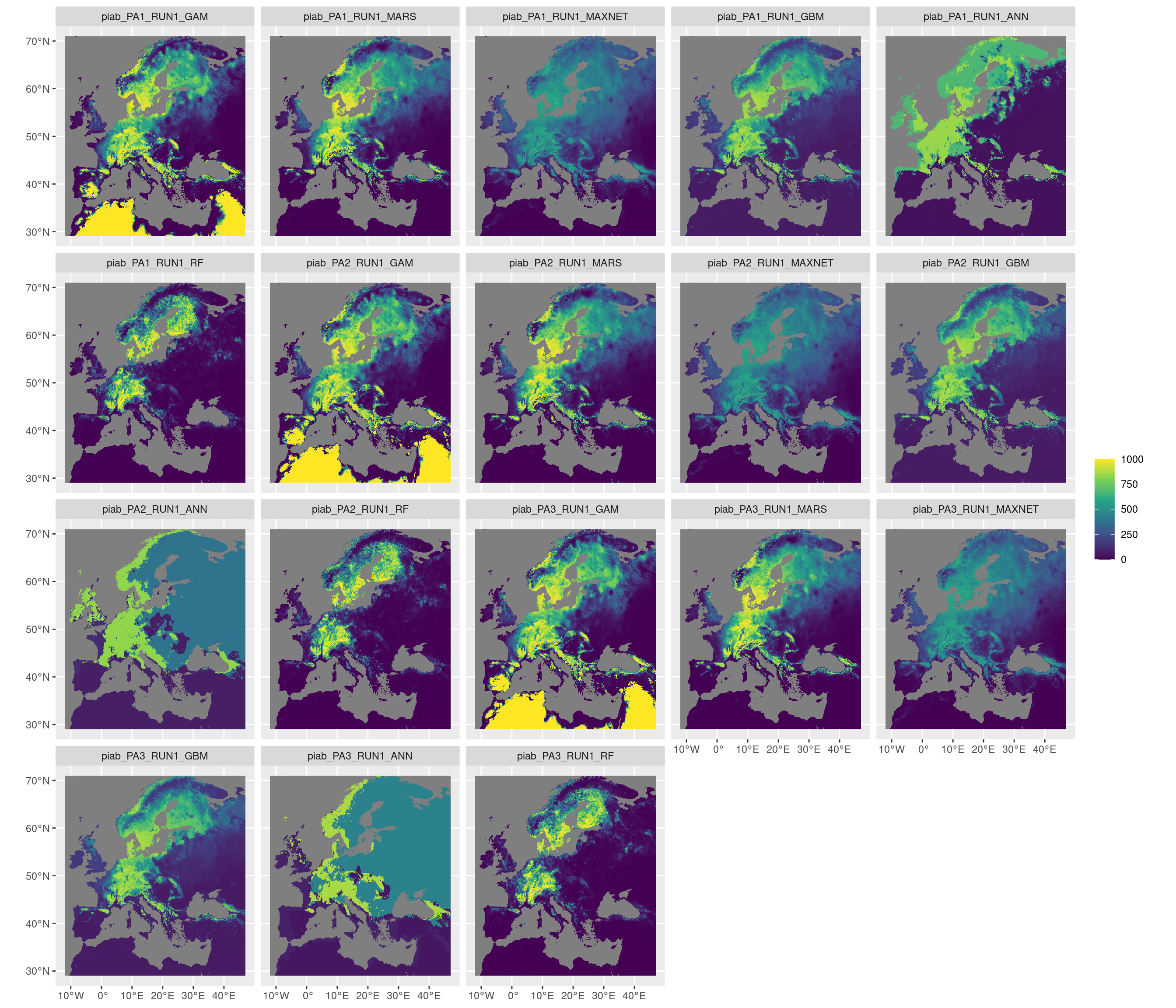 Projection de la distribution potentielle contemporaine sur l'Europe, selon les 6 algorithmes et les 3 runs.