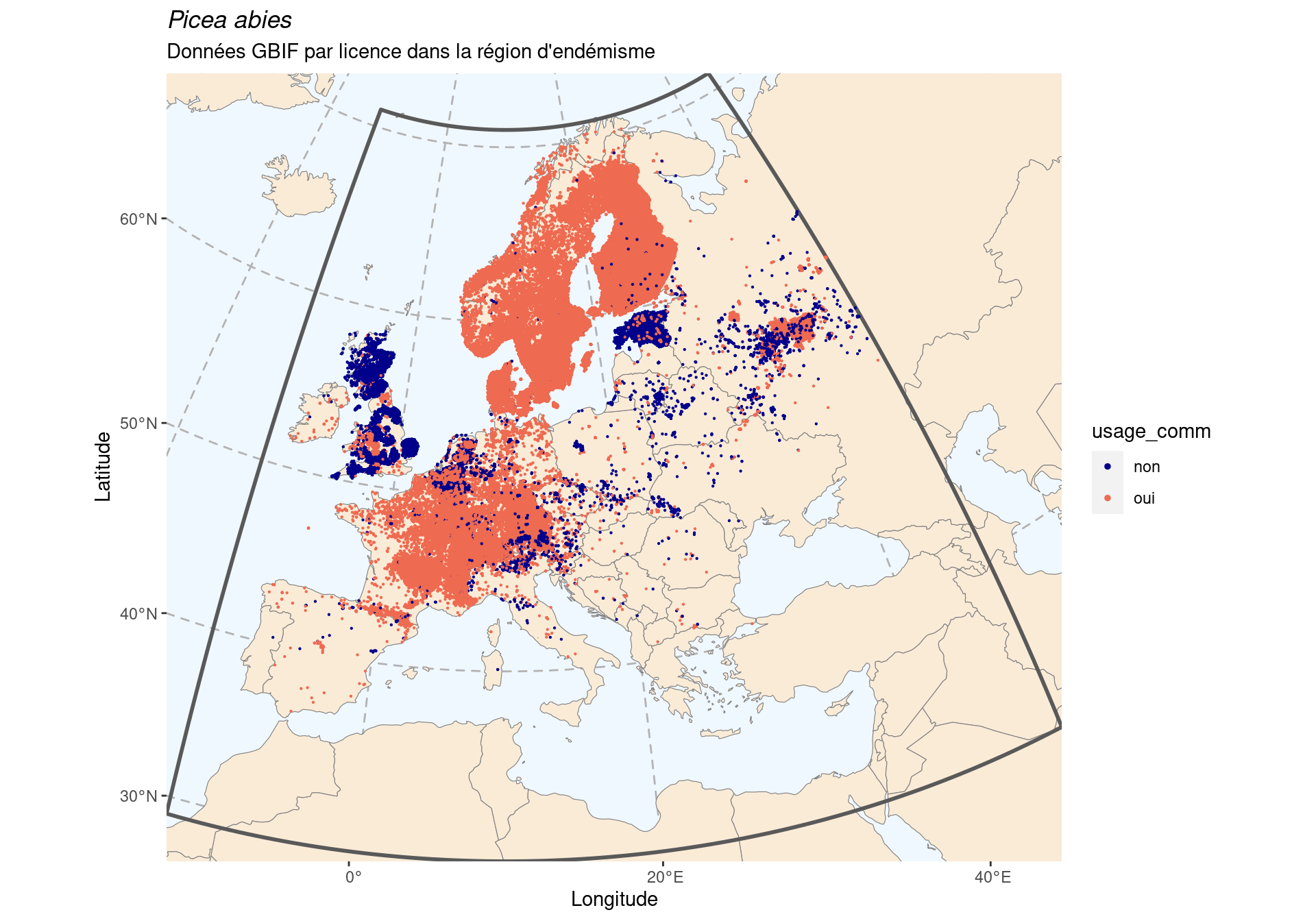 Occurrence de Picea abies dans la région d'endémisme, selon la licence : CC BY-NC en bleu ; CC0 et CC BY en orange.
