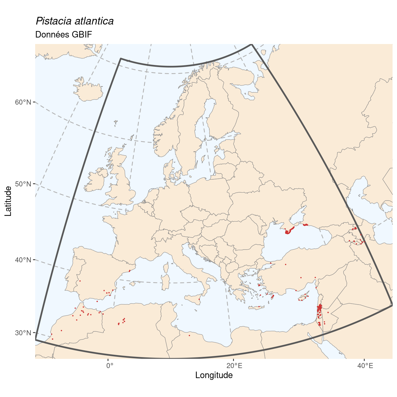 Occurrence de Pistacia atlantica dans la région d'endémisme.