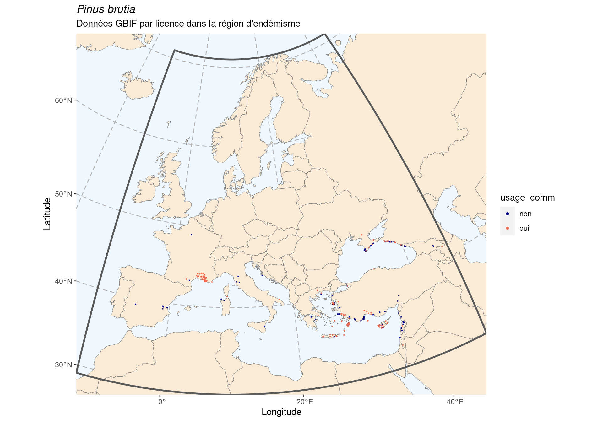 Occurrence de Pinus brutia dans la région d'endémisme, selon la licence : CC BY-NC en bleu ; CC0 et CC BY en orange.
