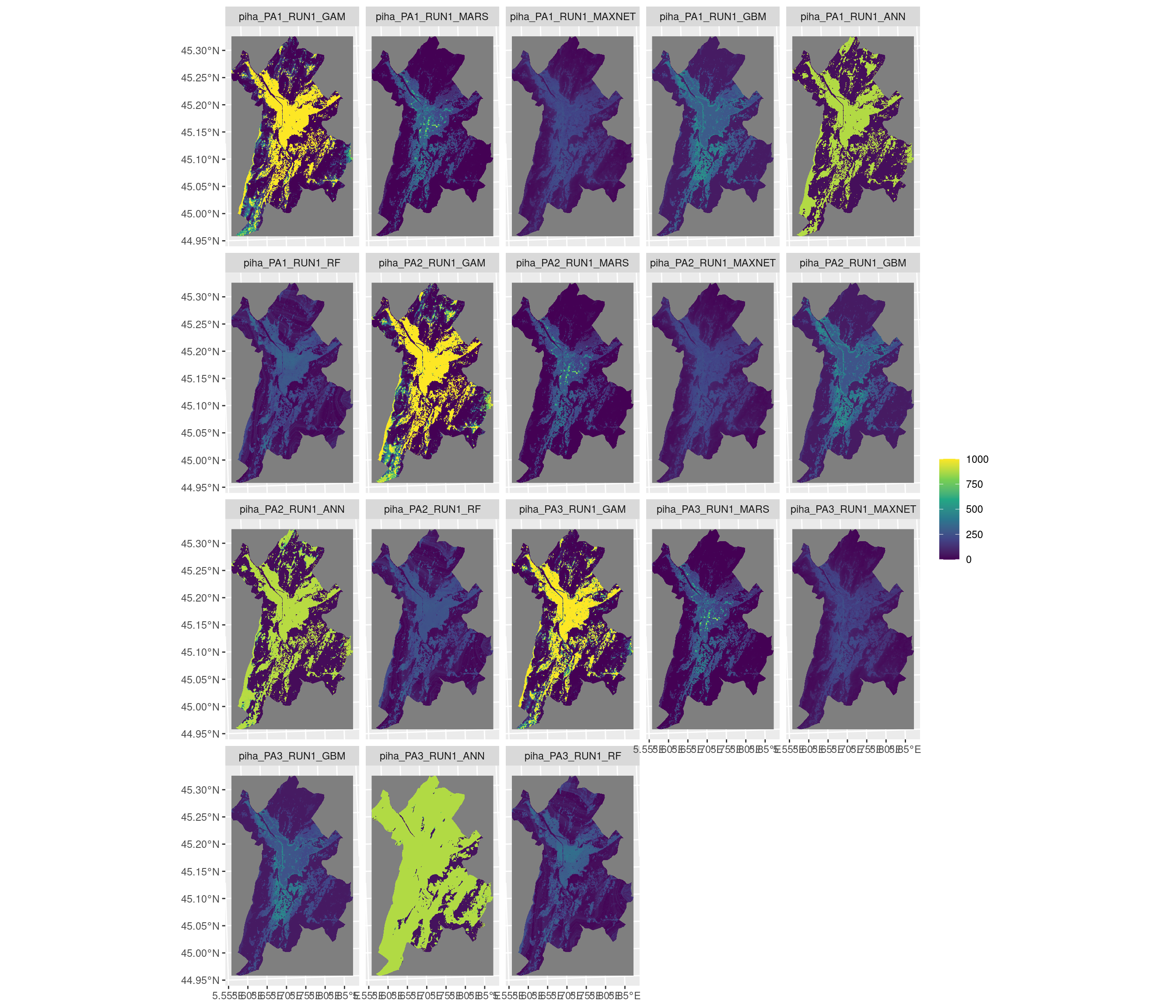 Projection de la distribution potentielle contemporaine sur la métropole de Grenoble, selon les 6 algorithmes et les 3 runs.