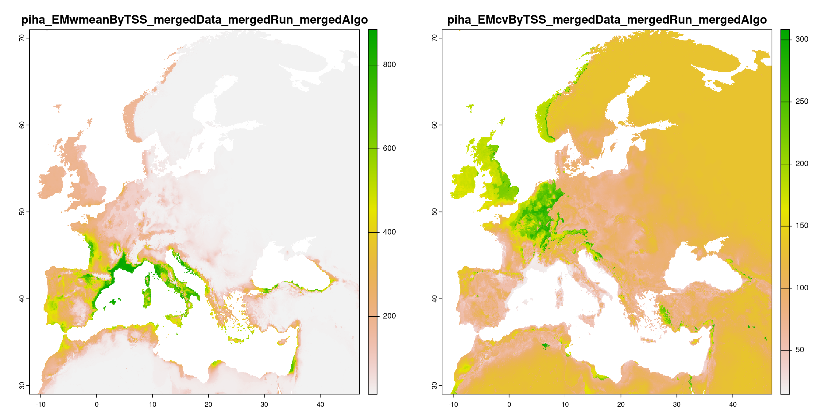 A) Projection de la distribution potentielle contemporaine (modèle d'ensemble) ; B) Incertitude associée à la projection.