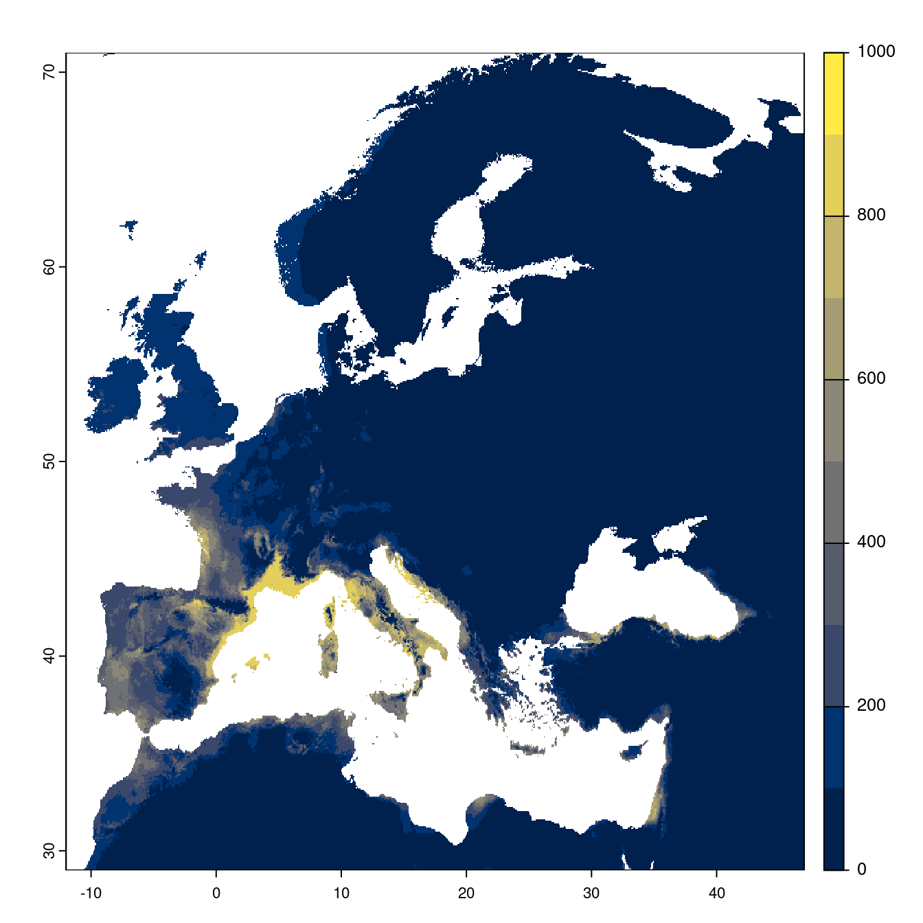 Projection des distributions potentielles futures jusqu'à l'horizon 2100 sous le scénario SSP3-7.0 (modèle d'ensemble).