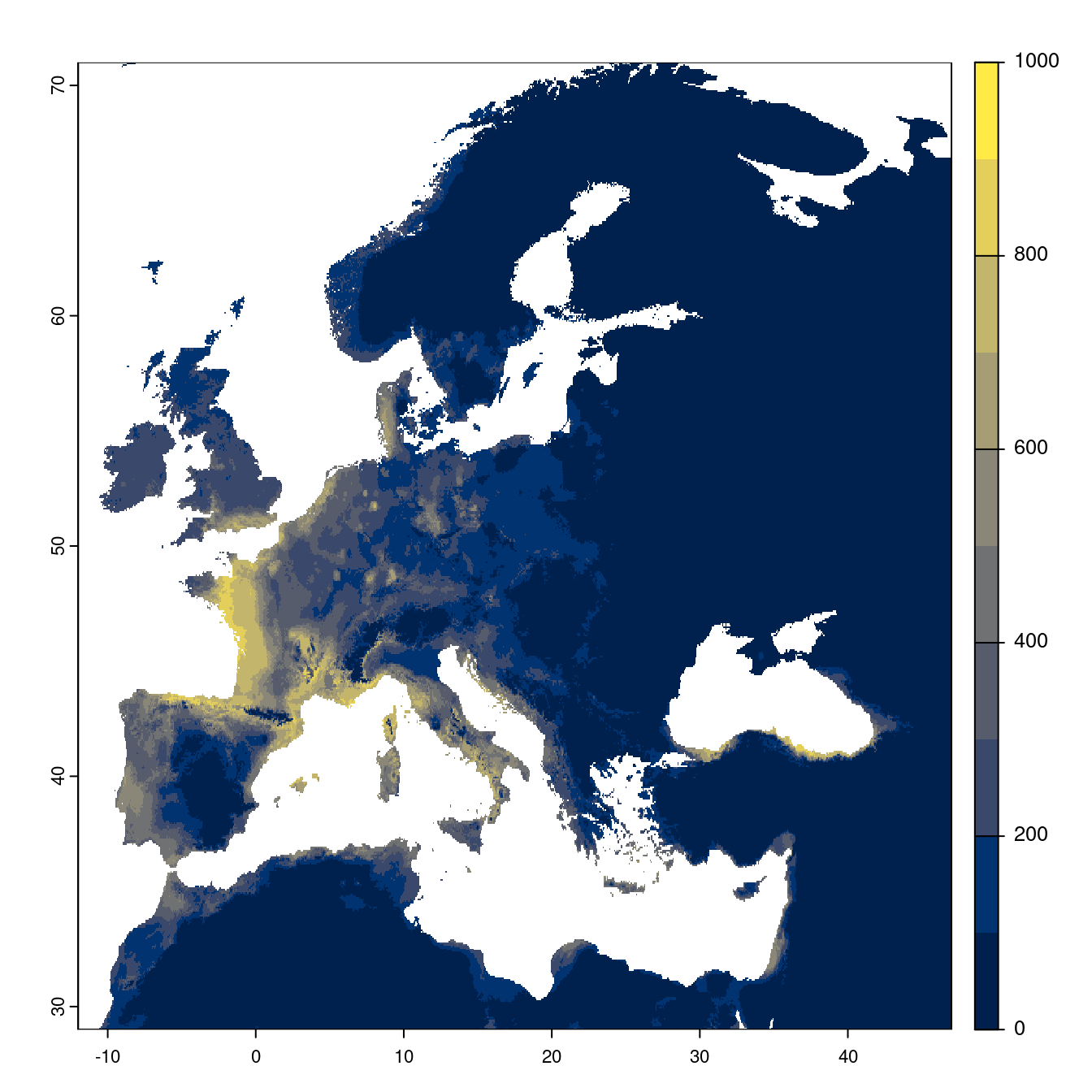 Projection des distributions potentielles futures jusqu'à l'horizon 2100 sous le scénario SSP5-8.5 (modèle d'ensemble).