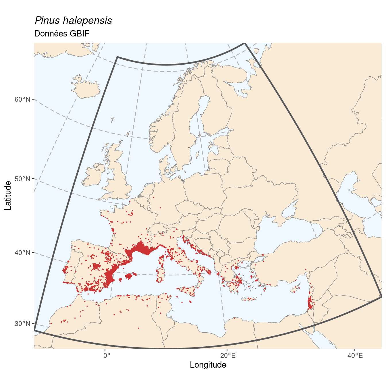 Occurrence de Pinus halepensis dans la région d'endémisme.