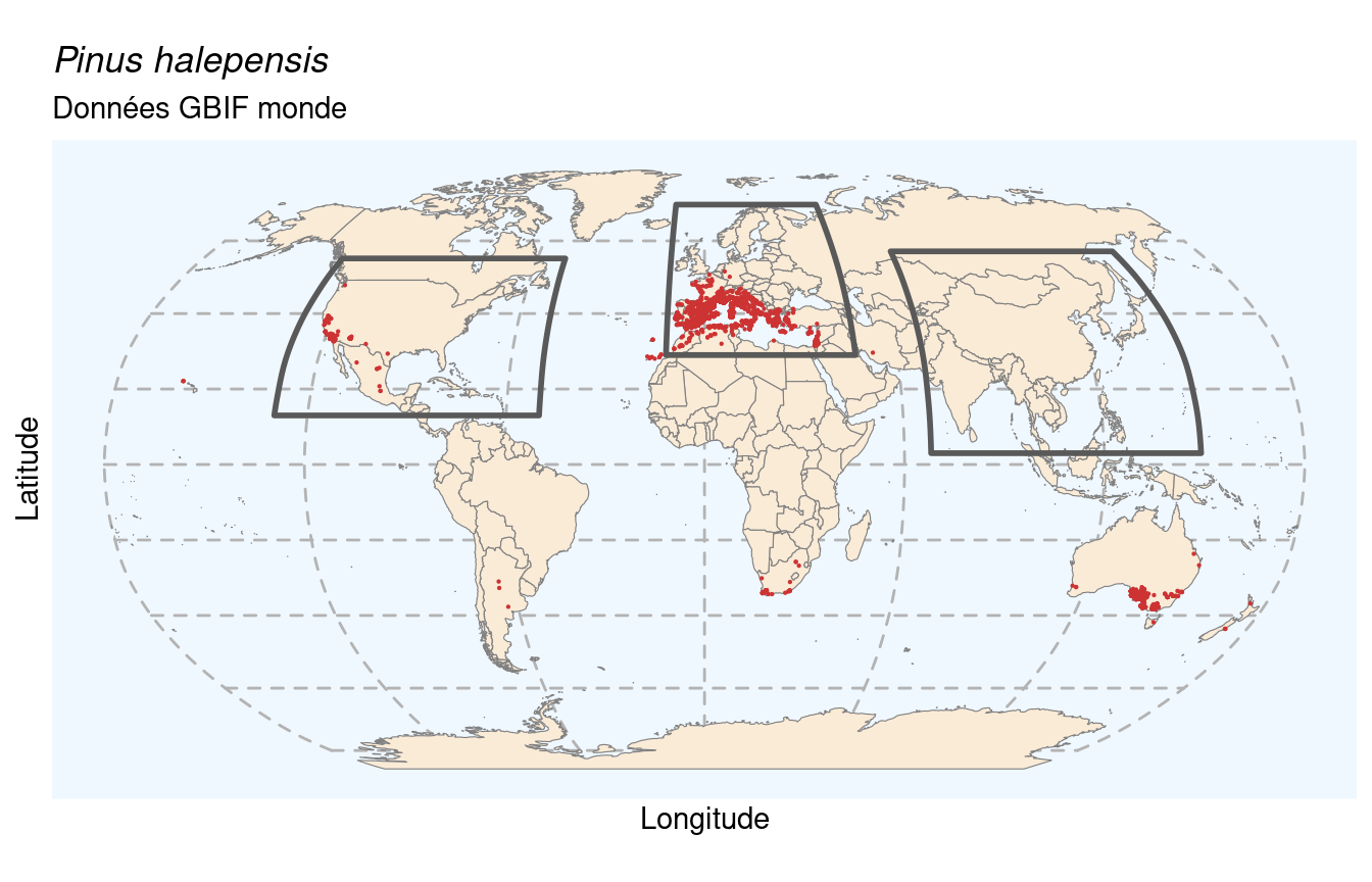 Occurrences de Pinus halepensis dans le monde.