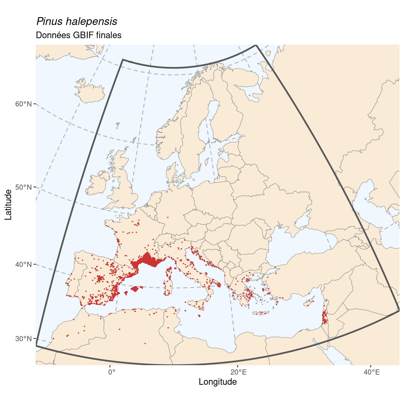 Occurrence de Pinus halepensis dans la région d'endémisme après sous-échantillonnage éventuel.