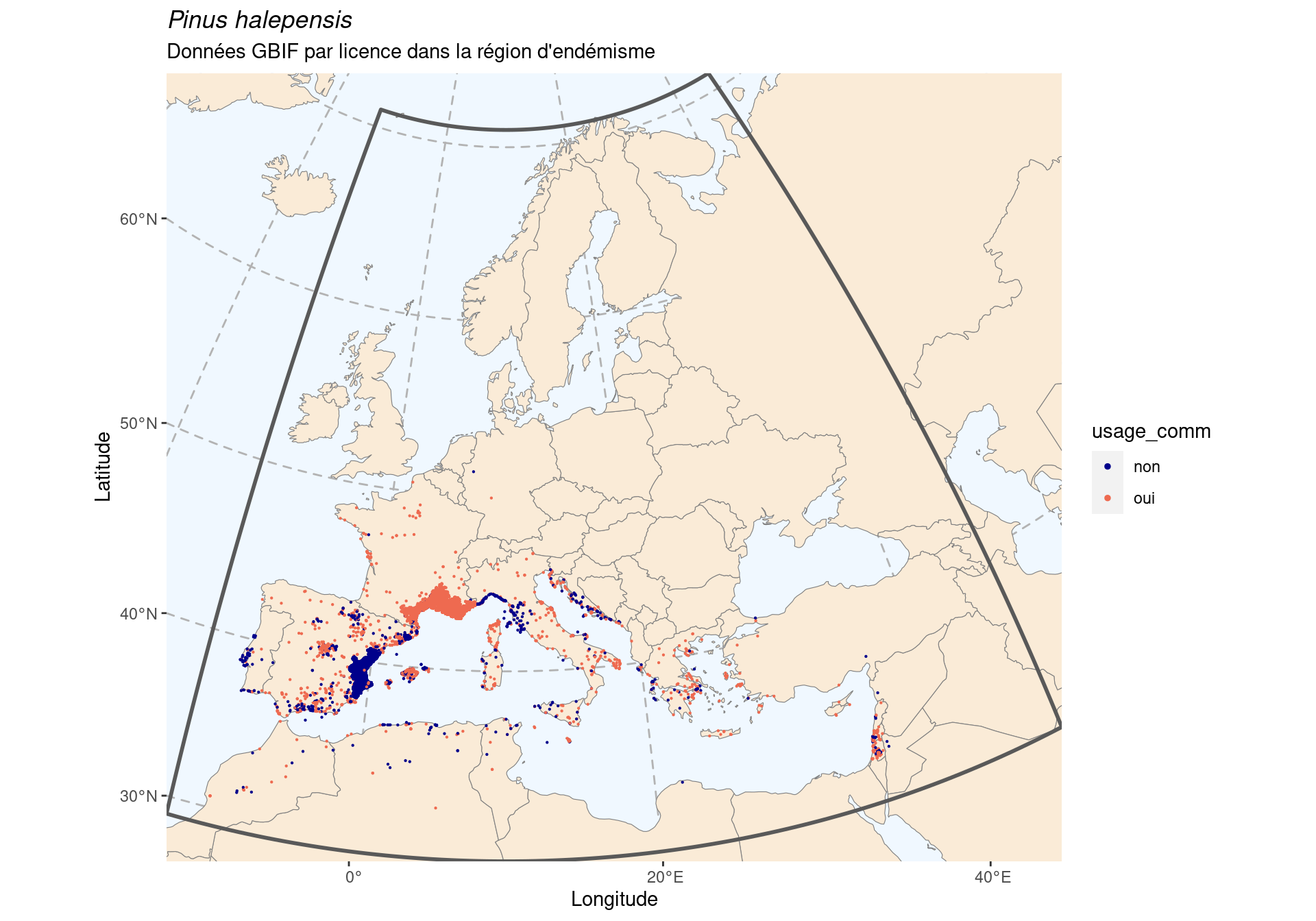 Occurrence de Pinus halepensis dans la région d'endémisme, selon la licence : CC BY-NC en bleu ; CC0 et CC BY en orange.