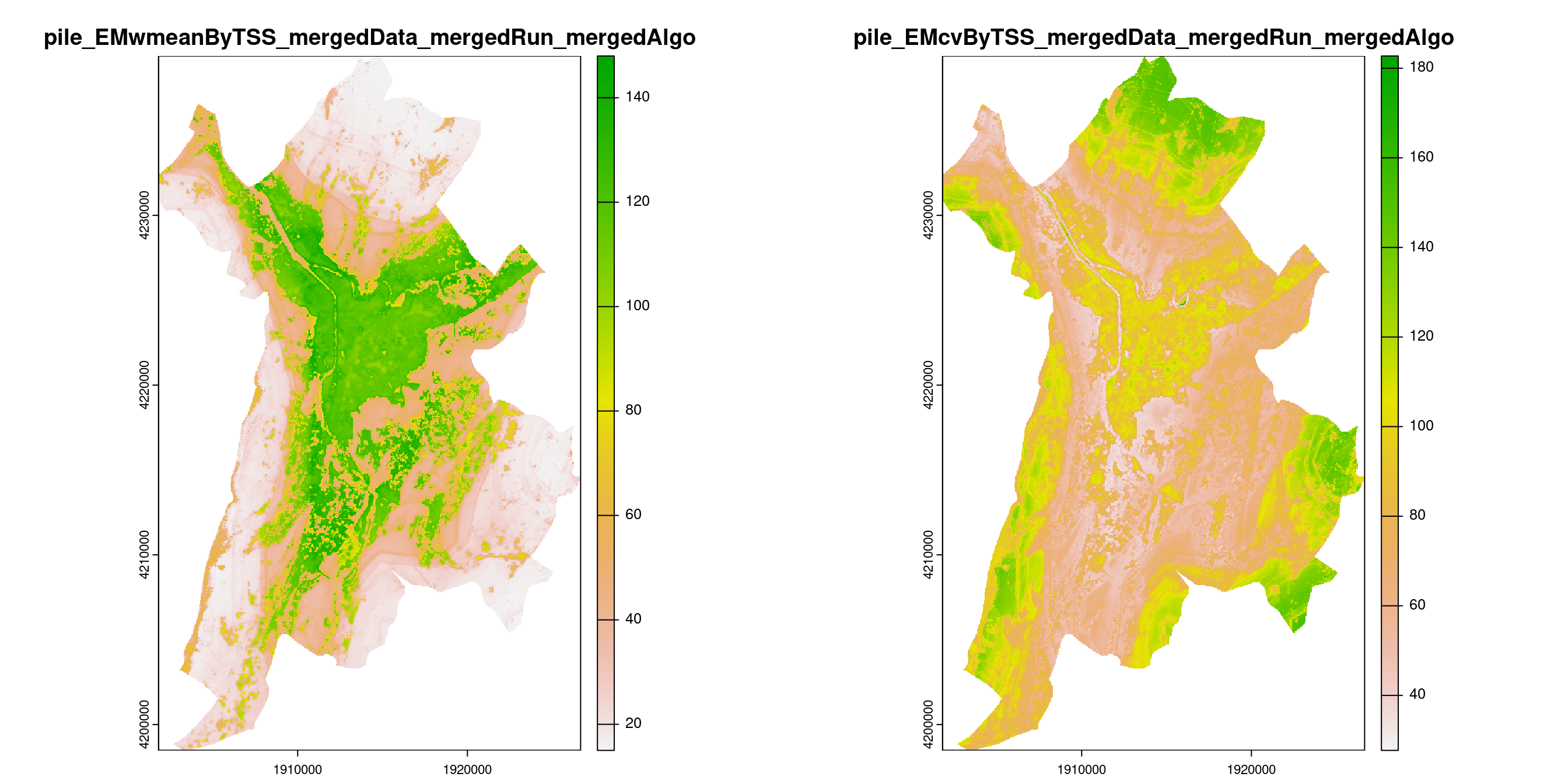 A) Projection de la distribution potentielle contemporaine (modèle d'ensemble) sur la métropole de Grenoble ; B) Incertitude associée à la projection.