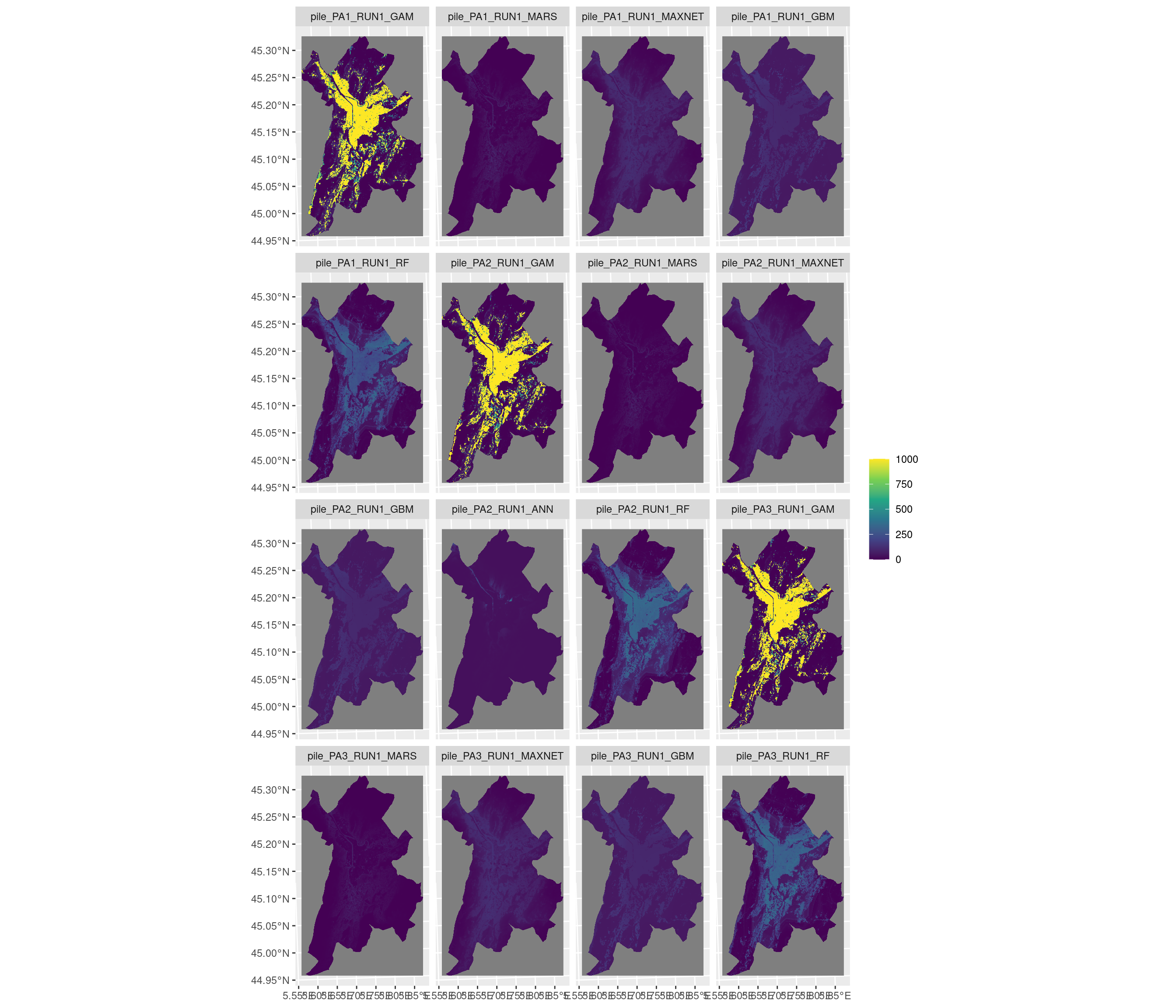 Projection de la distribution potentielle contemporaine sur la métropole de Grenoble, selon les 6 algorithmes et les 3 runs.