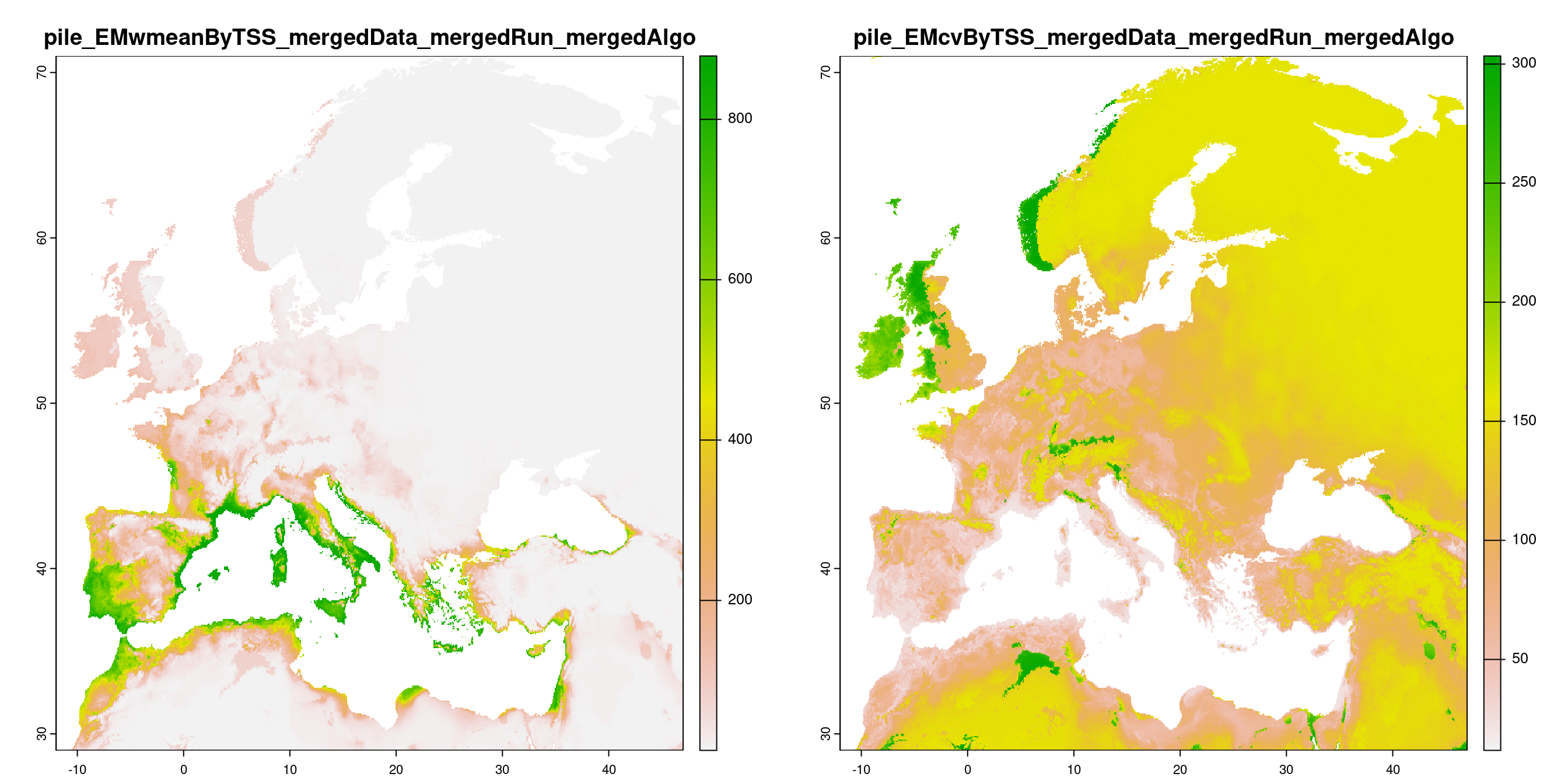 A) Projection de la distribution potentielle contemporaine (modèle d'ensemble) ; B) Incertitude associée à la projection.