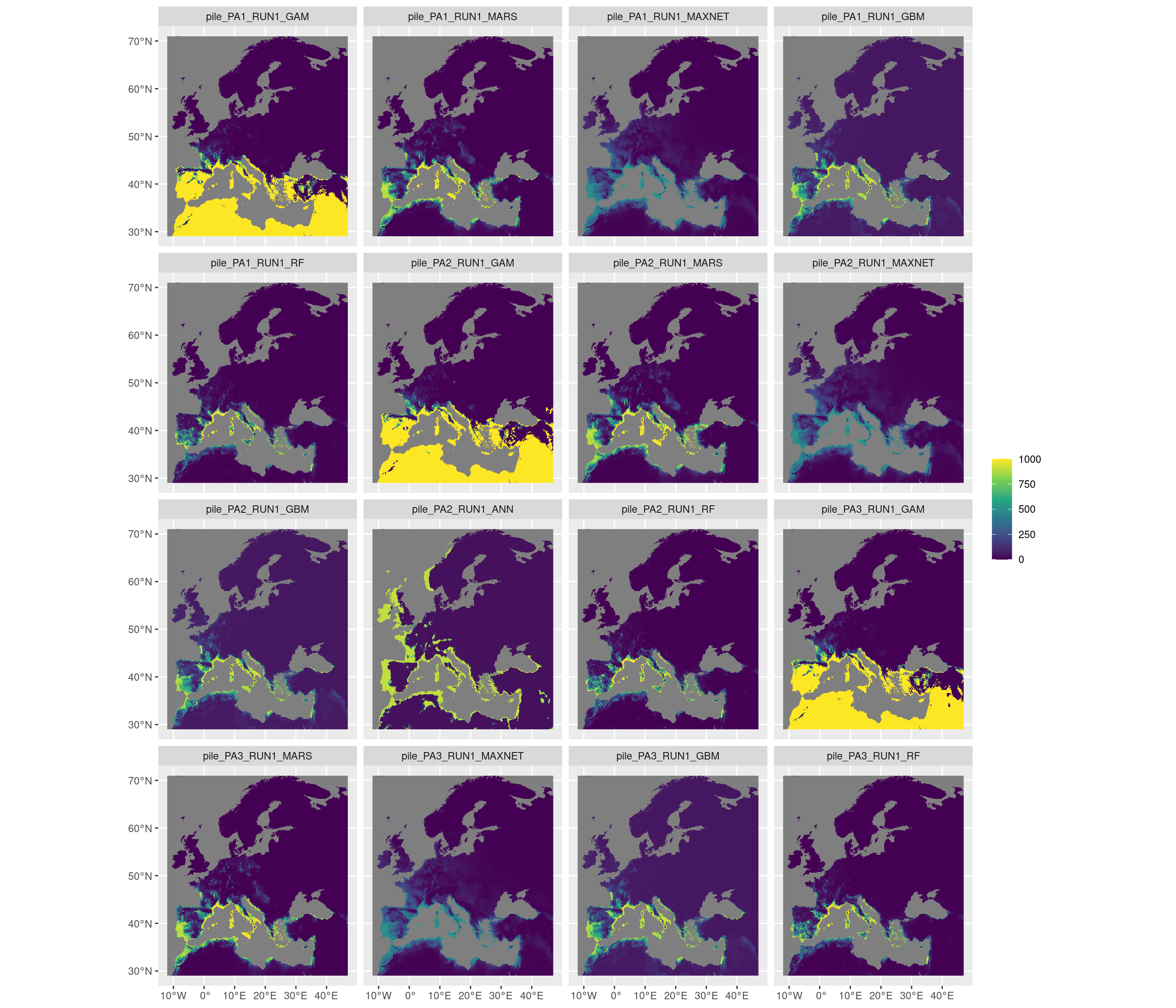 Projection de la distribution potentielle contemporaine sur l'Europe, selon les 6 algorithmes et les 3 runs.