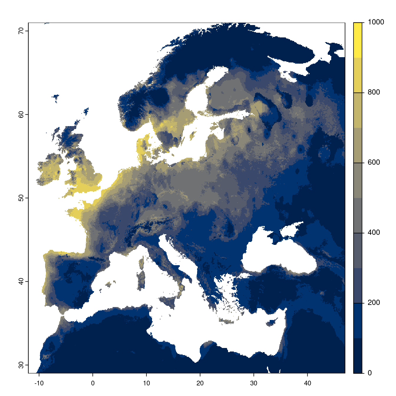 Projection des distributions potentielles futures jusqu'à l'horizon 2100 sous le scénario SSP5-8.5 (modèle d'ensemble).