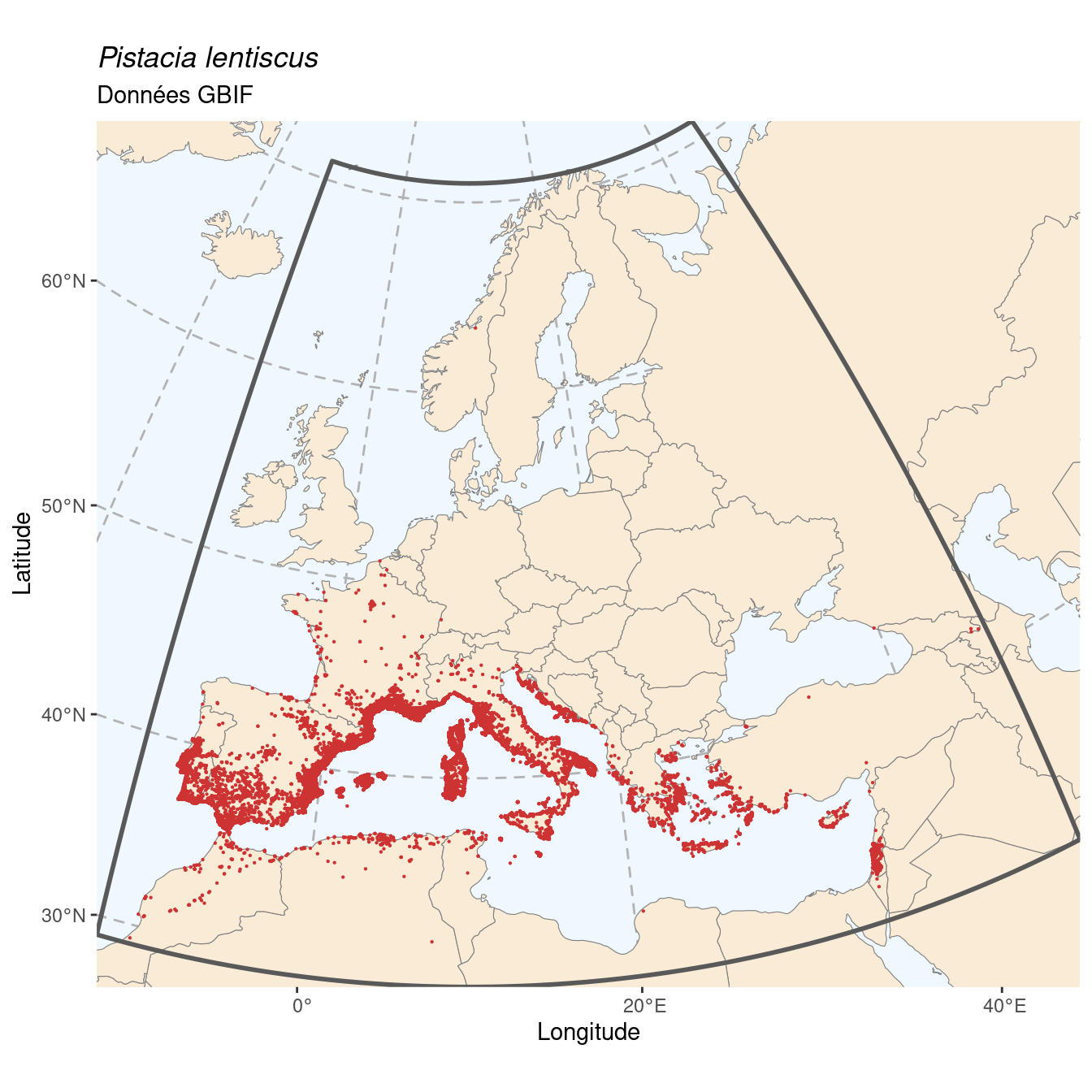 Occurrence de Pistacia lentiscus dans la région d'endémisme.