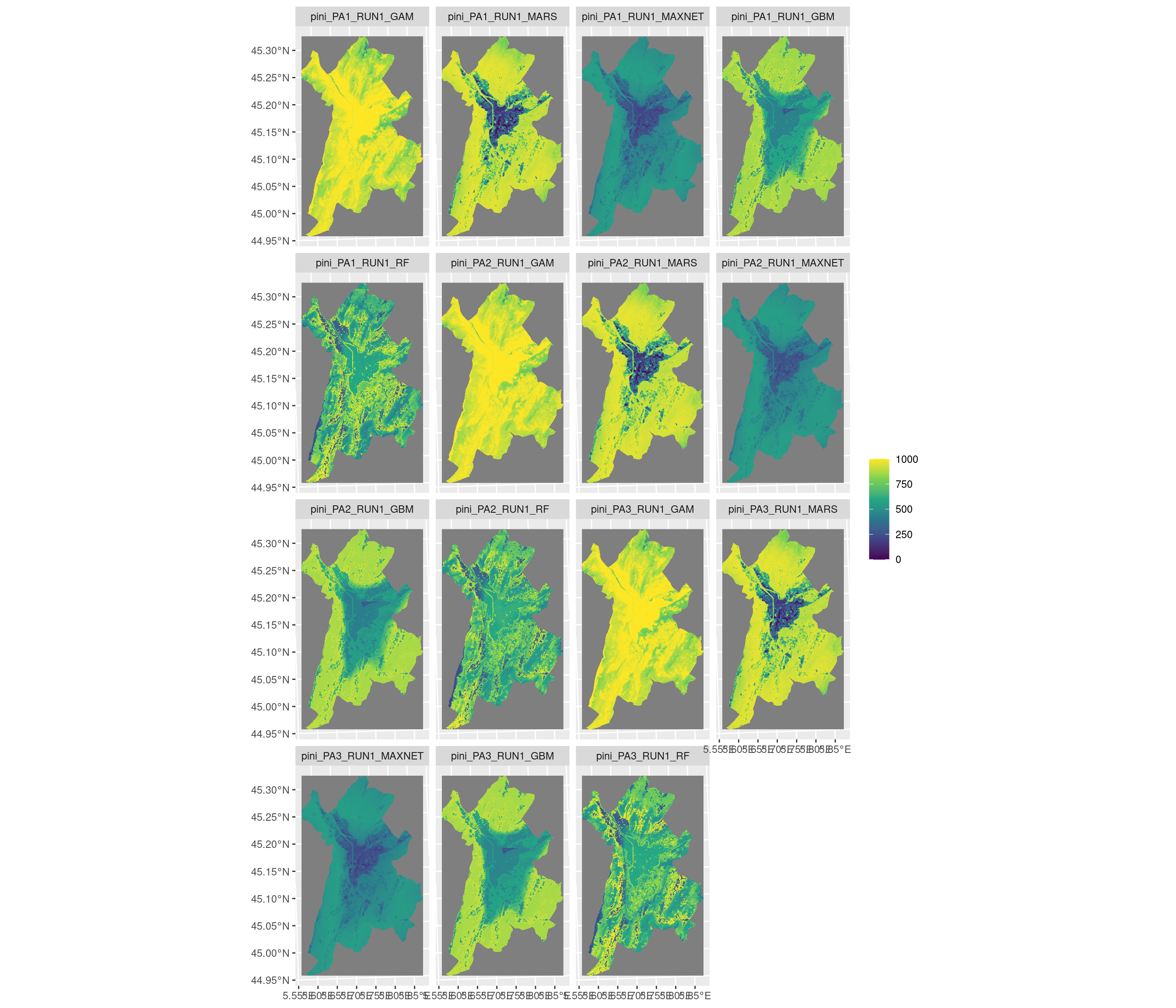 Projection de la distribution potentielle contemporaine sur la métropole de Grenoble, selon les 6 algorithmes et les 3 runs.