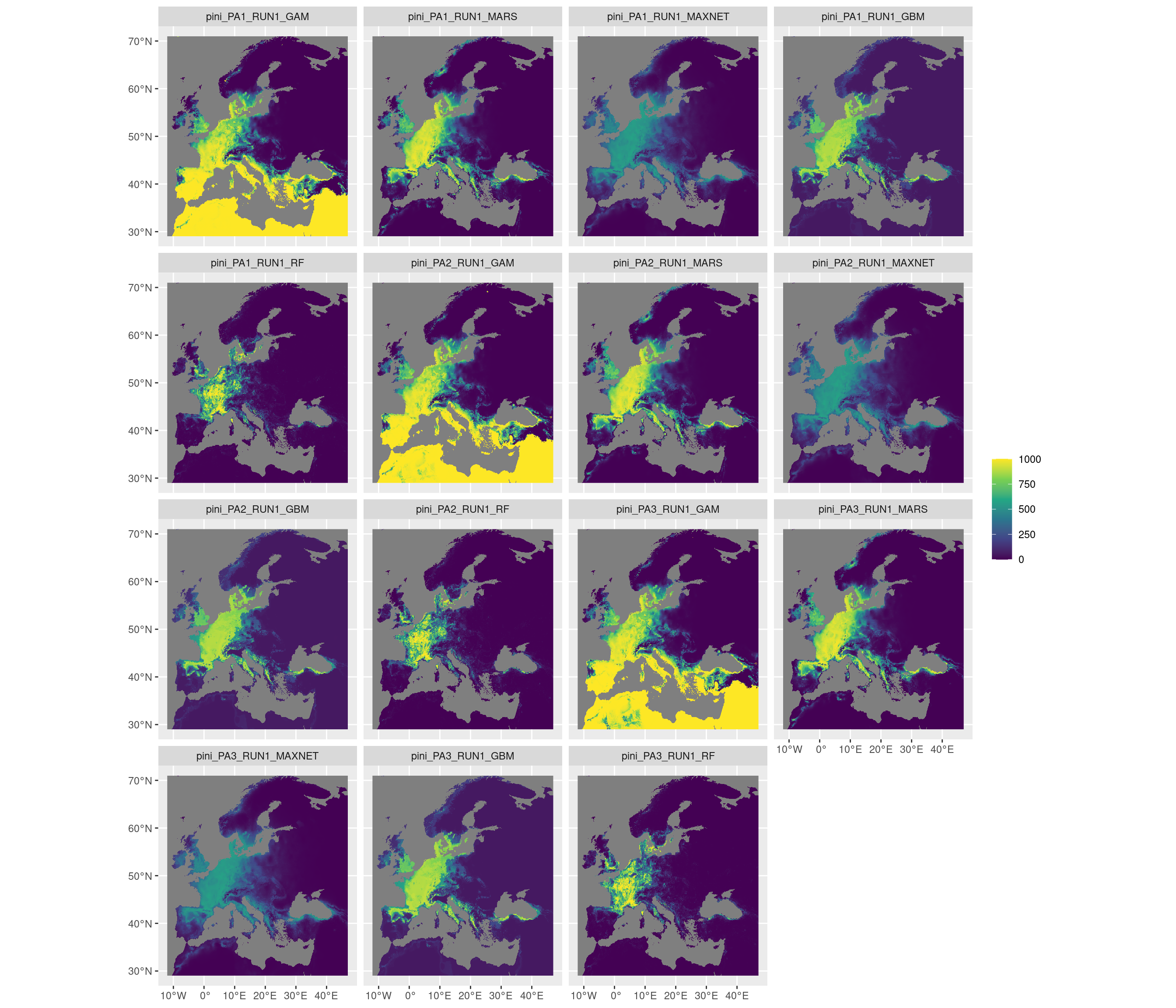 Projection de la distribution potentielle contemporaine sur l'Europe, selon les 6 algorithmes et les 3 runs.