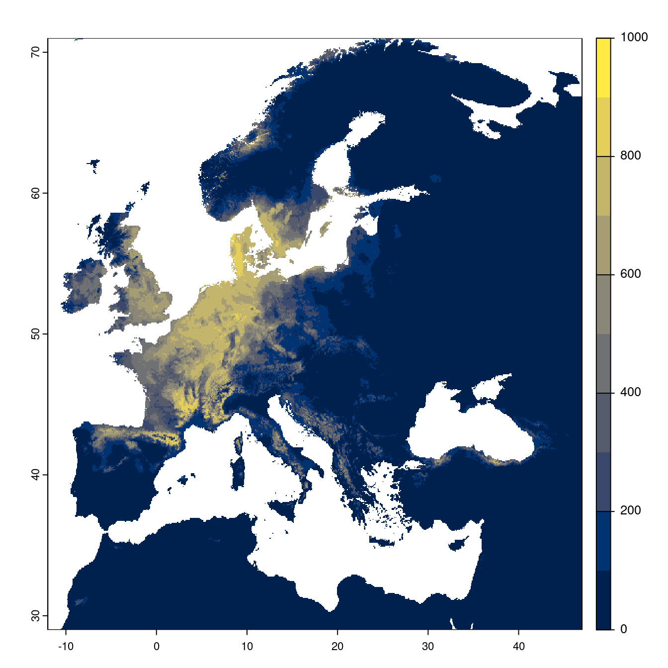 Projection des distributions potentielles futures jusqu'à l'horizon 2100 sous le scénario SSP1-2.6 (modèle d'ensemble).
