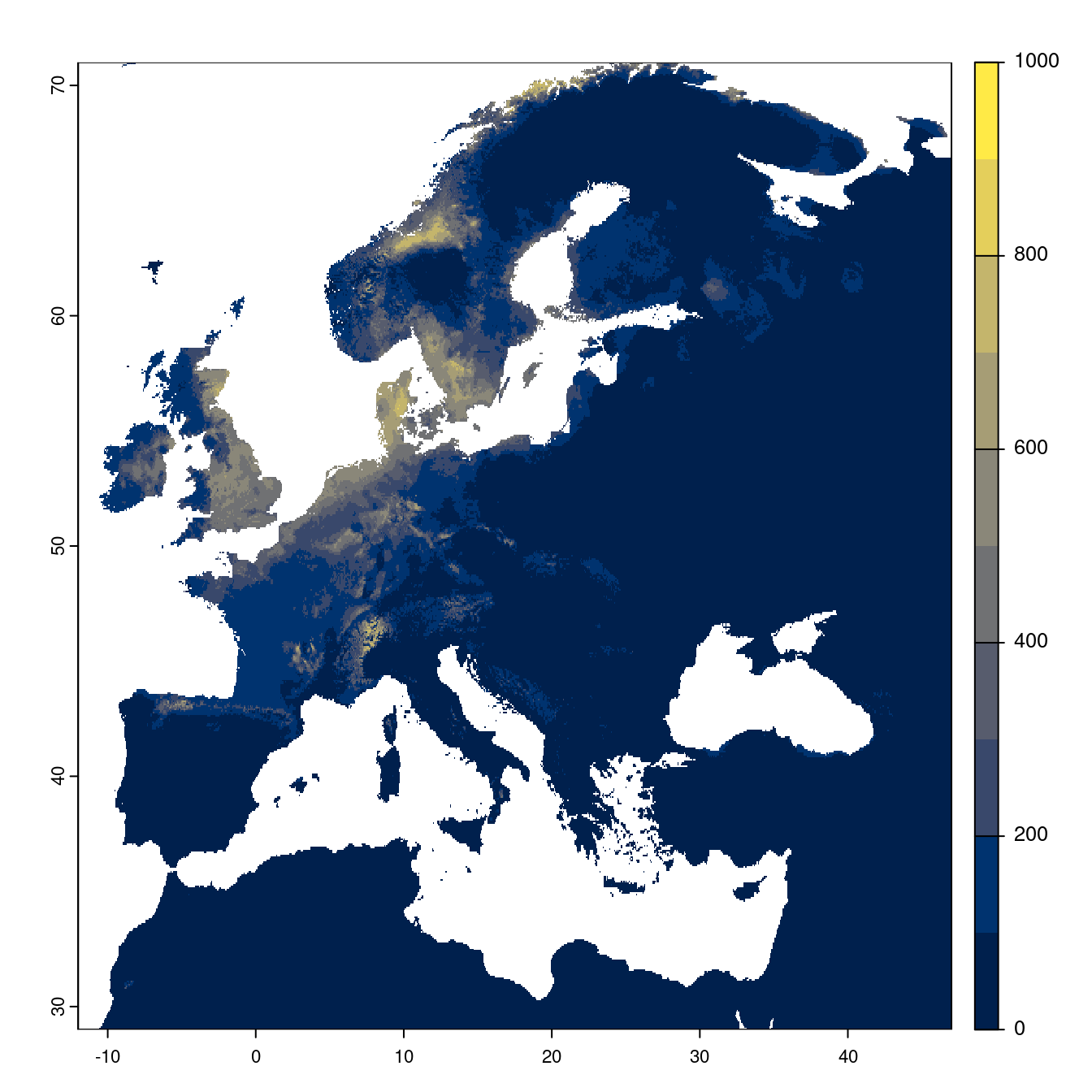 Projection des distributions potentielles futures jusqu'à l'horizon 2100 sous le scénario SSP3-7.0 (modèle d'ensemble).