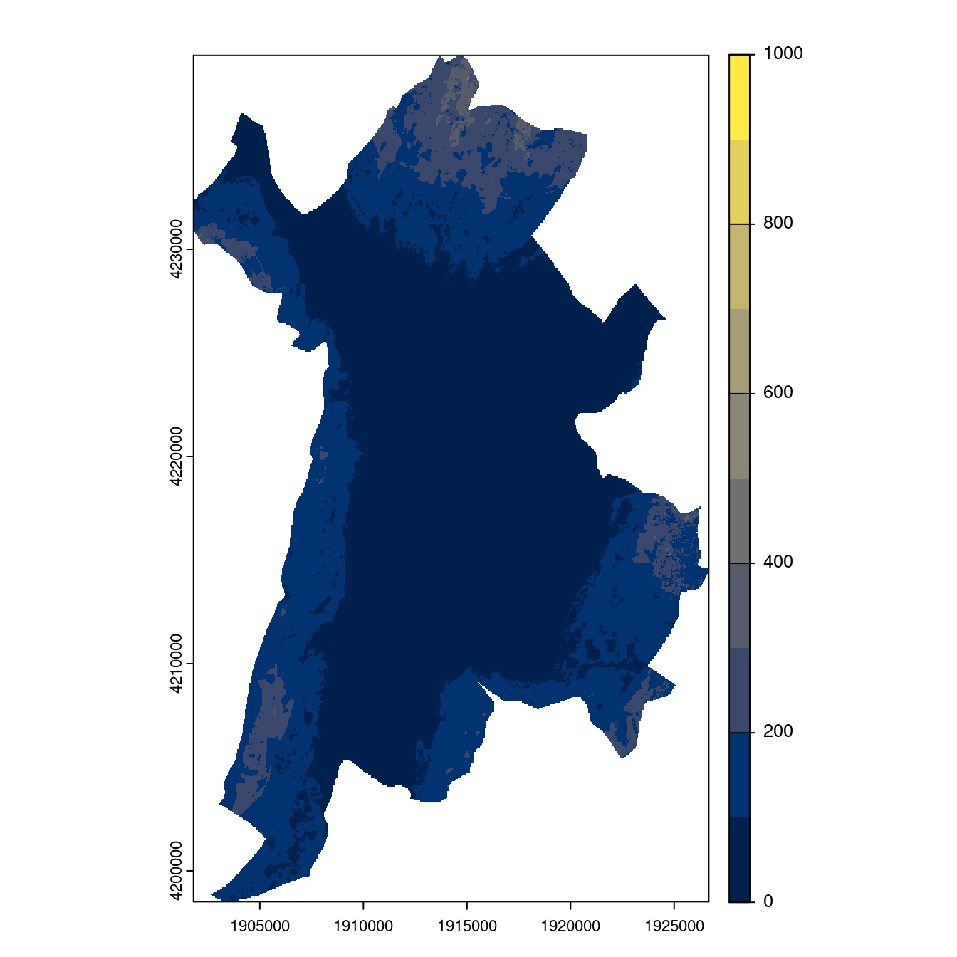 Projection des distributions potentielles contemporaine et futures jusqu'à l'horizon 2100 sous le scénario SSP5-8.5 (modèle d'ensemble, GCM IPSL).
