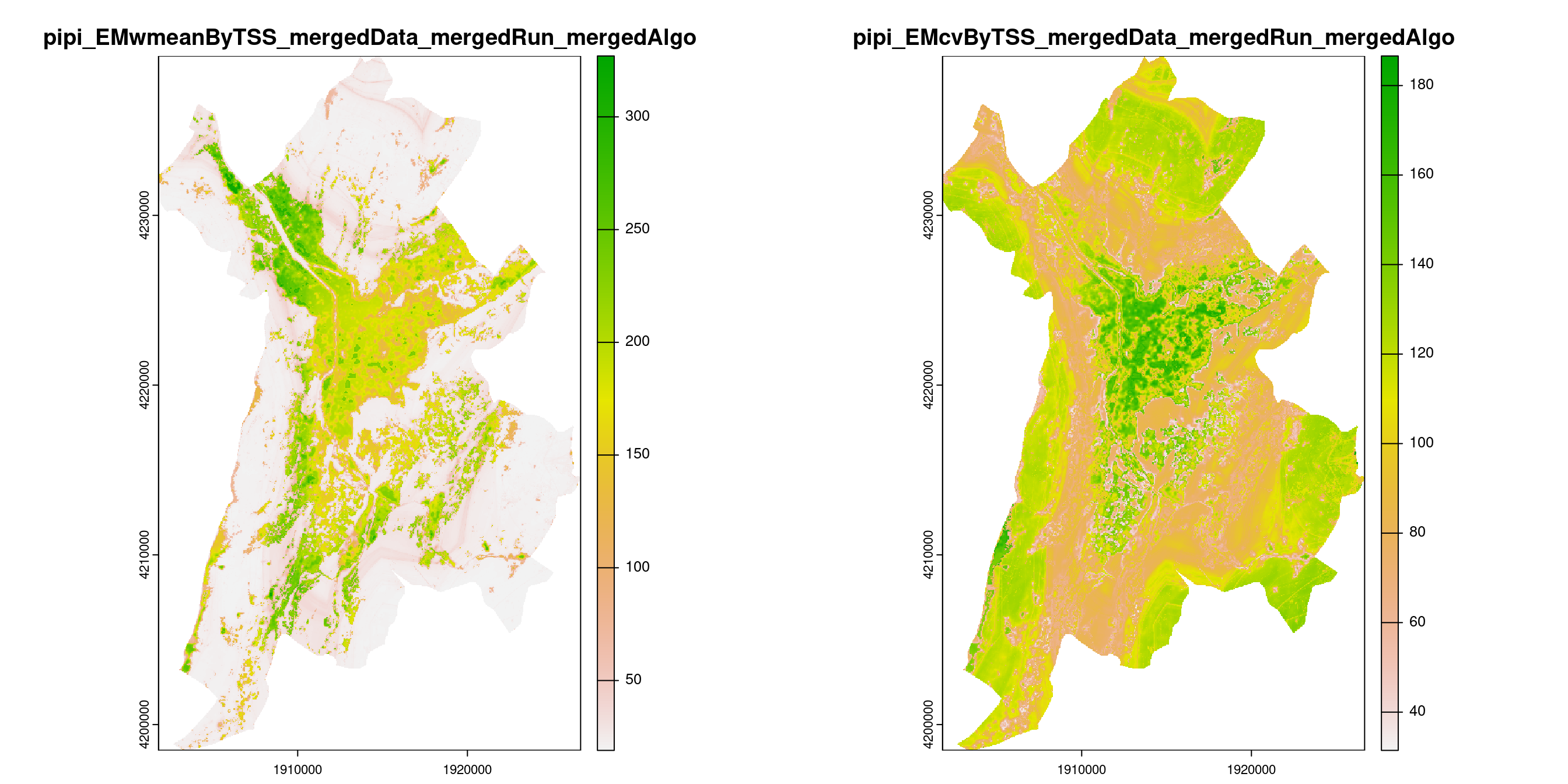 A) Projection de la distribution potentielle contemporaine (modèle d'ensemble) sur la métropole de Grenoble ; B) Incertitude associée à la projection.
