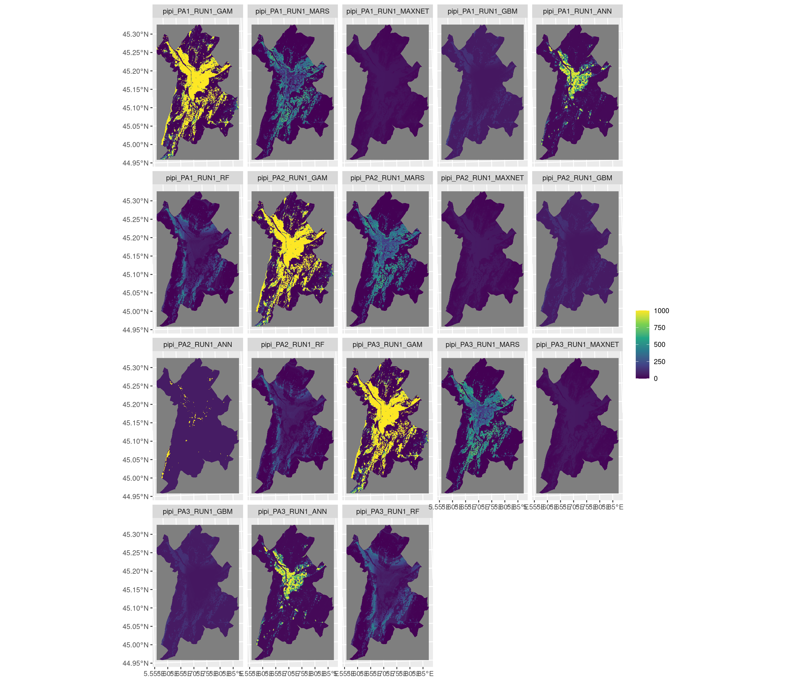 Projection de la distribution potentielle contemporaine sur la métropole de Grenoble, selon les 6 algorithmes et les 3 runs.