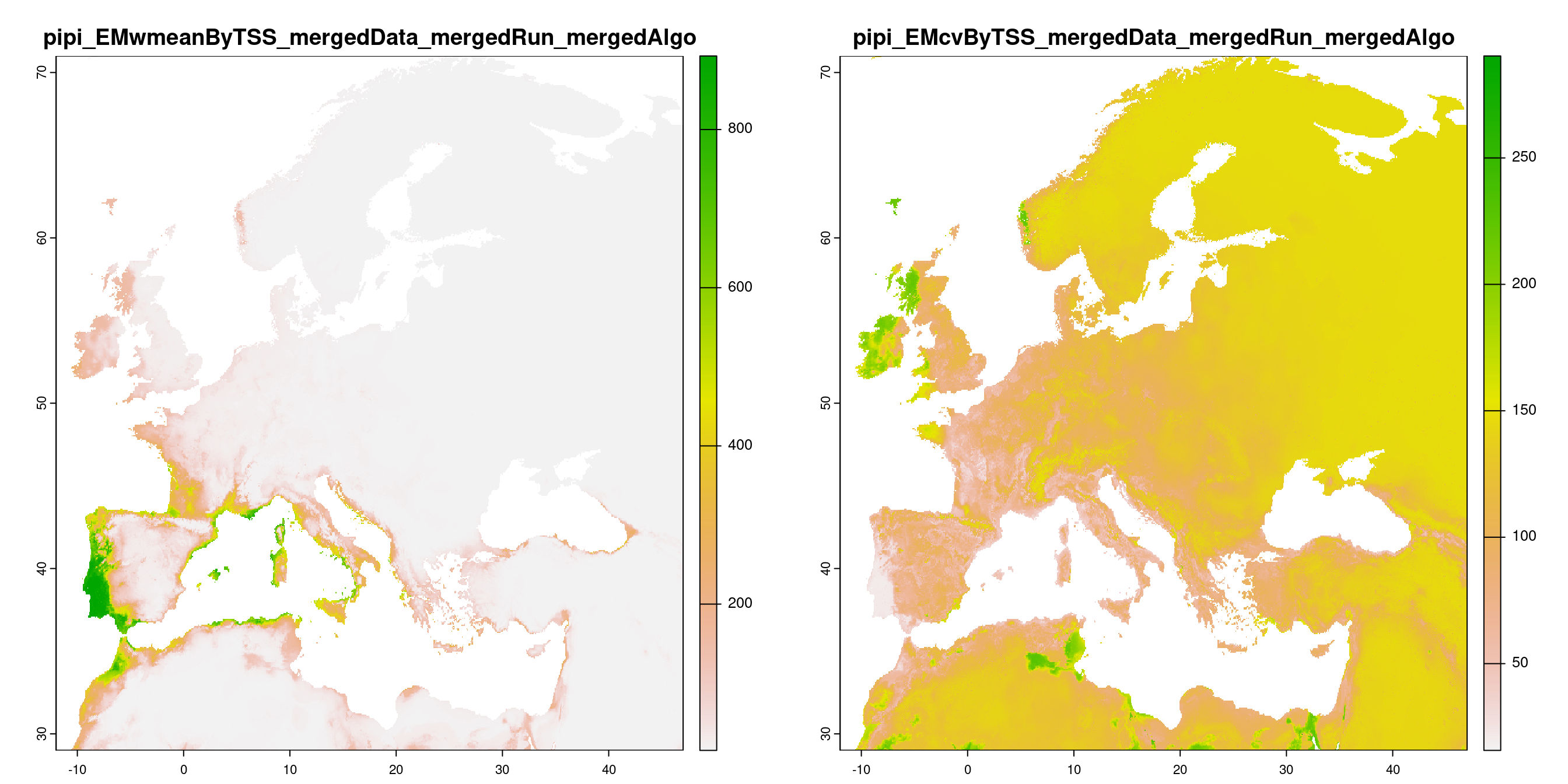A) Projection de la distribution potentielle contemporaine (modèle d'ensemble) ; B) Incertitude associée à la projection.