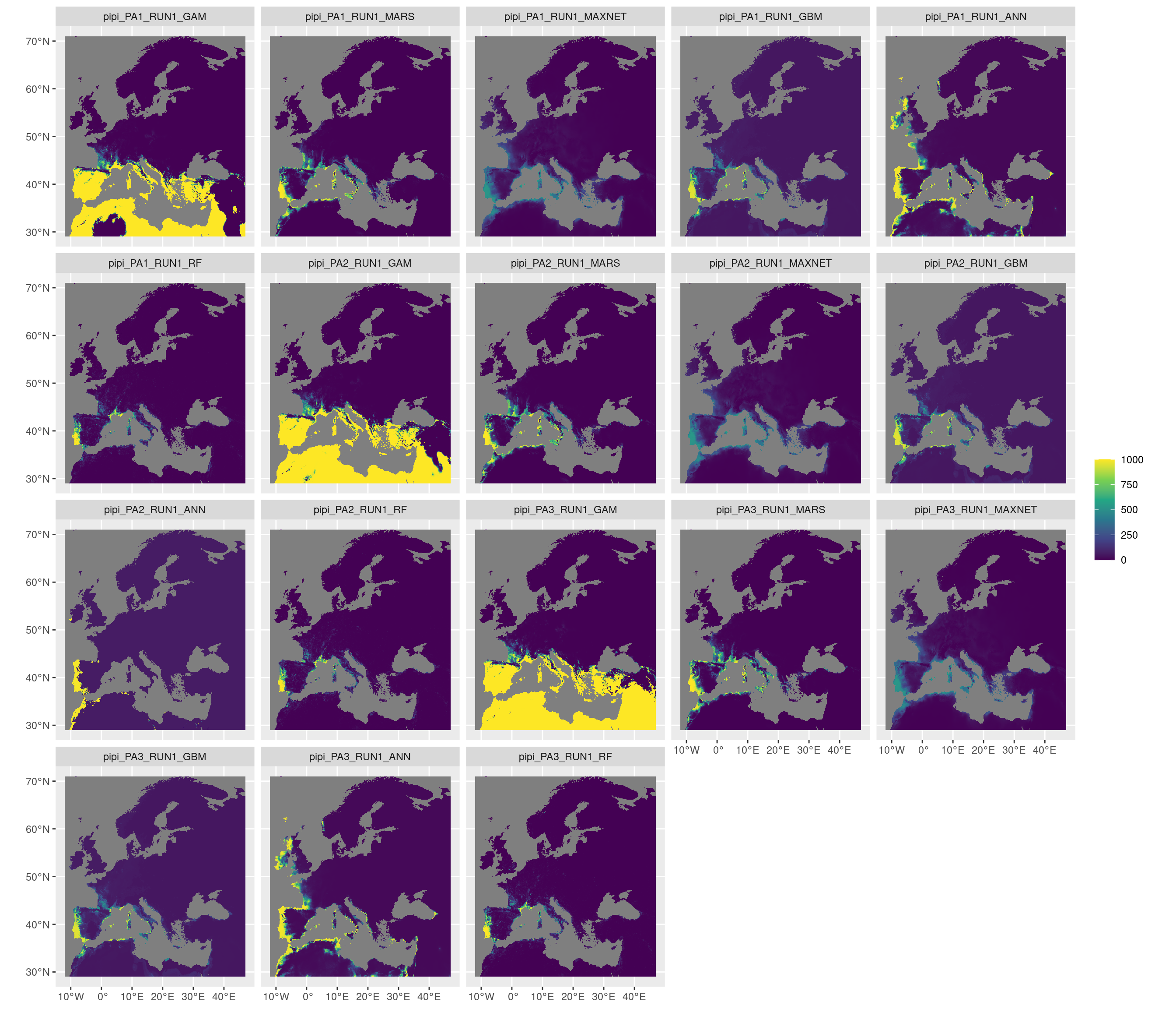 Projection de la distribution potentielle contemporaine sur l'Europe, selon les 6 algorithmes et les 3 runs.