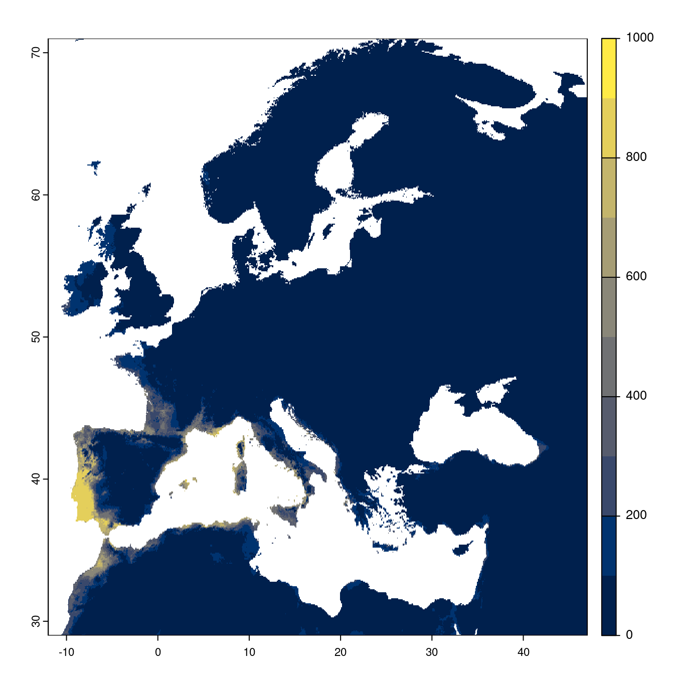 Projection des distributions potentielles futures jusqu'à l'horizon 2100 sous le scénario SSP2-4.5 (modèle d'ensemble).