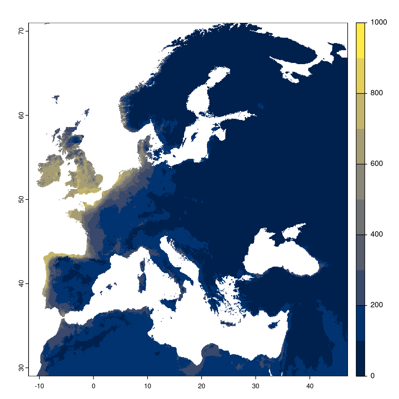 Projection des distributions potentielles futures jusqu'à l'horizon 2100 sous le scénario SSP5-8.5 (modèle d'ensemble).