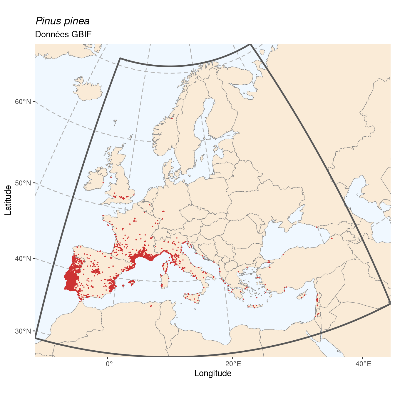 Occurrence de Pinus pinea dans la région d'endémisme.