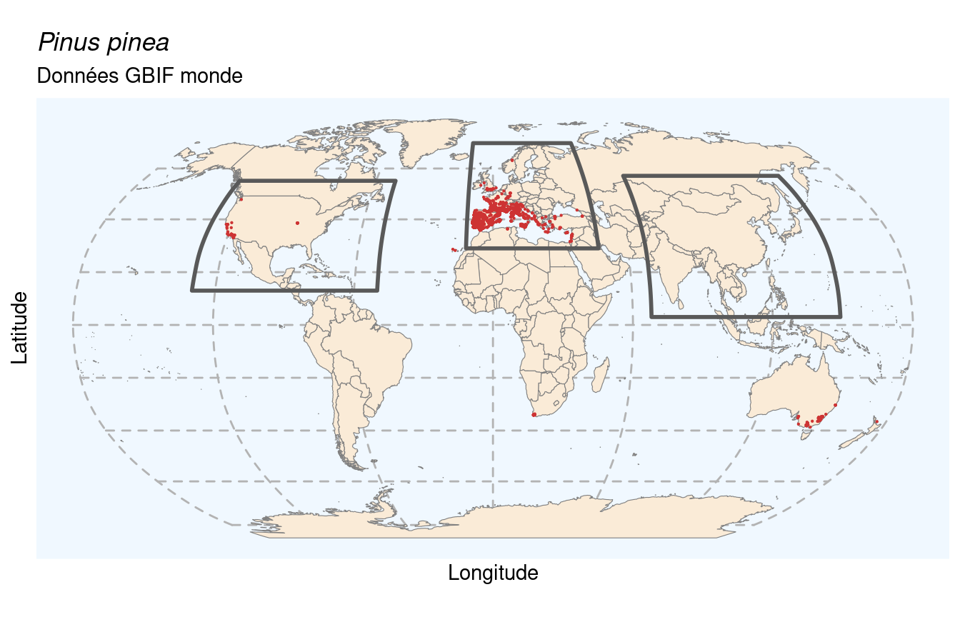 Occurrences de Pinus pinea dans le monde.