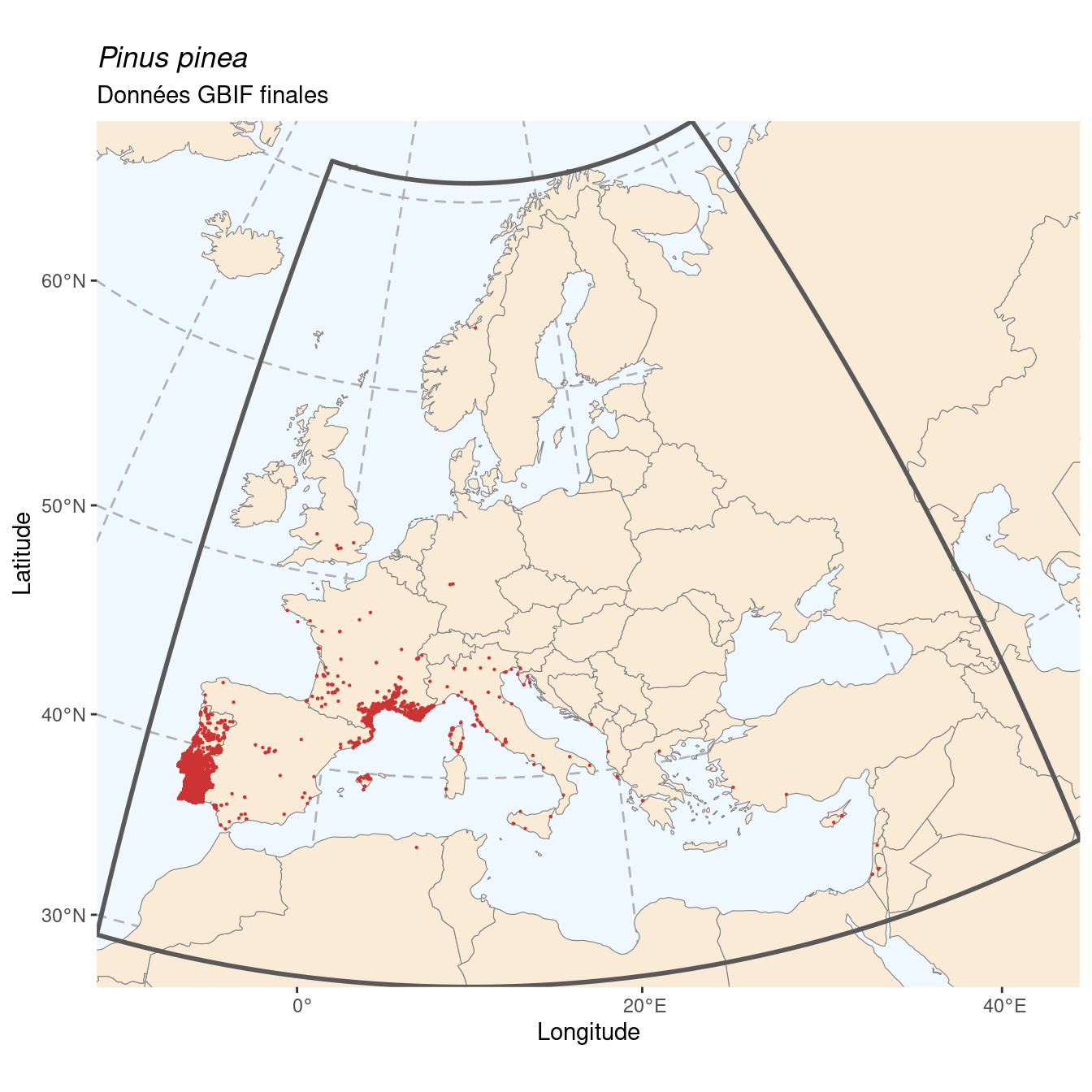 Occurrence de Pinus pinea dans la région d'endémisme après sous-échantillonnage éventuel.